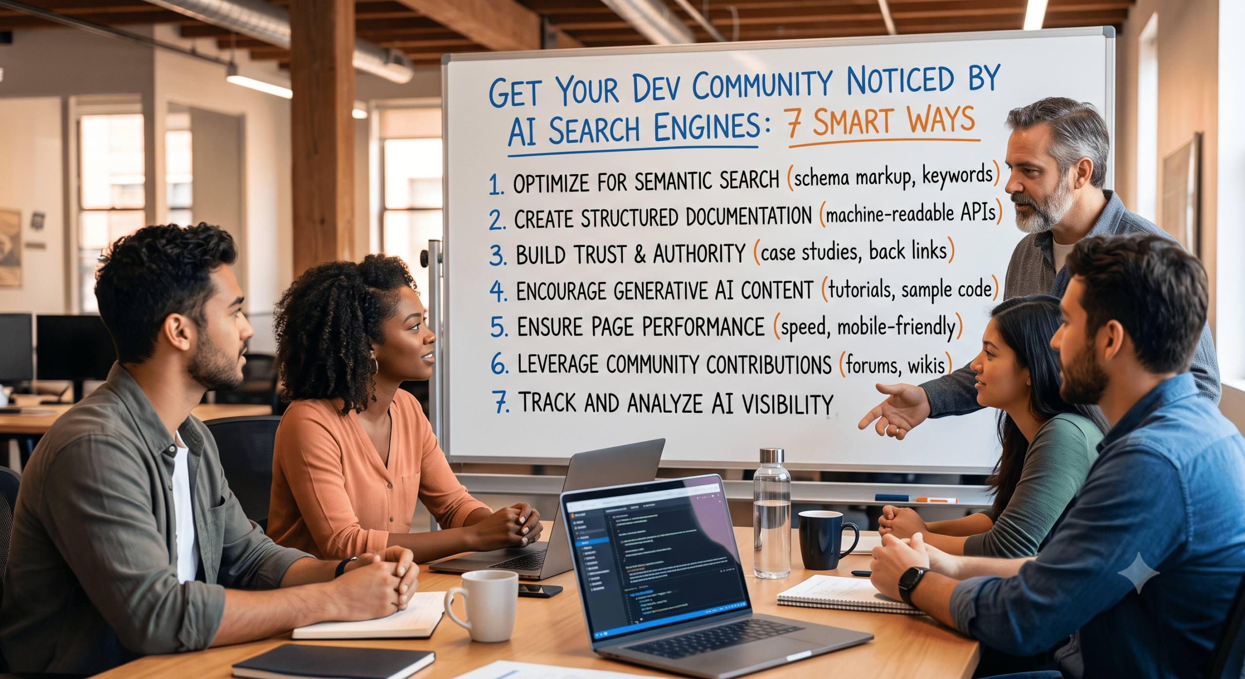 Developer community discussing AI search optimization, structured documentation, semantic SEO, and open source collaboration to improve developer platform visibility.
