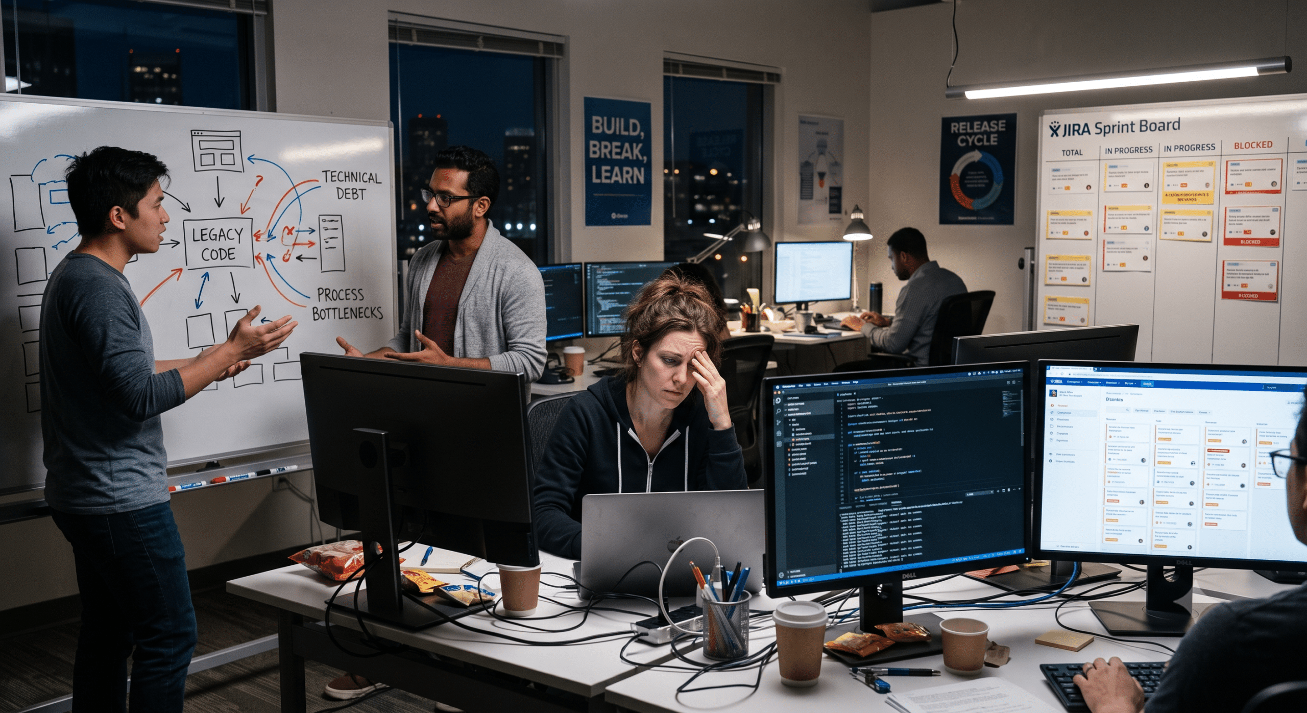 Software engineering team fostering an engineering culture through agile collaboration, legacy code modernization, sprint planning, and continuous software improvement.