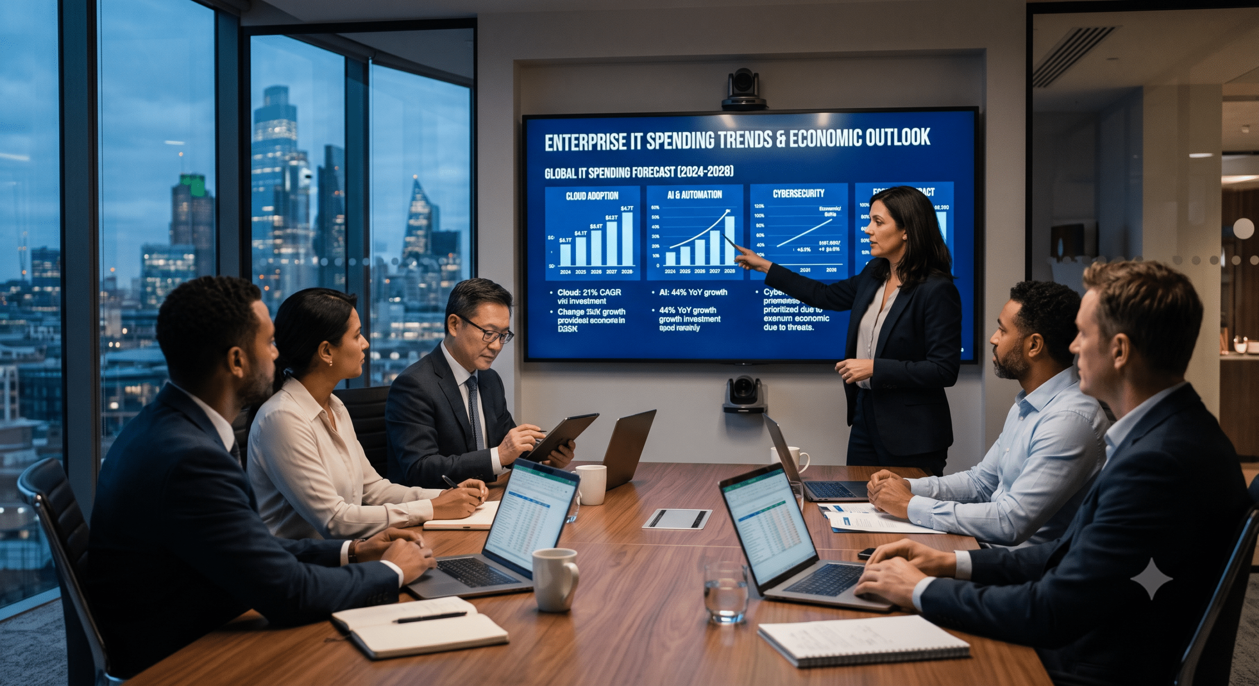 Enterprise IT Spending strategy meeting with executives reviewing technology investment trends, AI adoption, cloud computing, cybersecurity budgets, and digital transformation forecasts in a modern corporate boardroom.