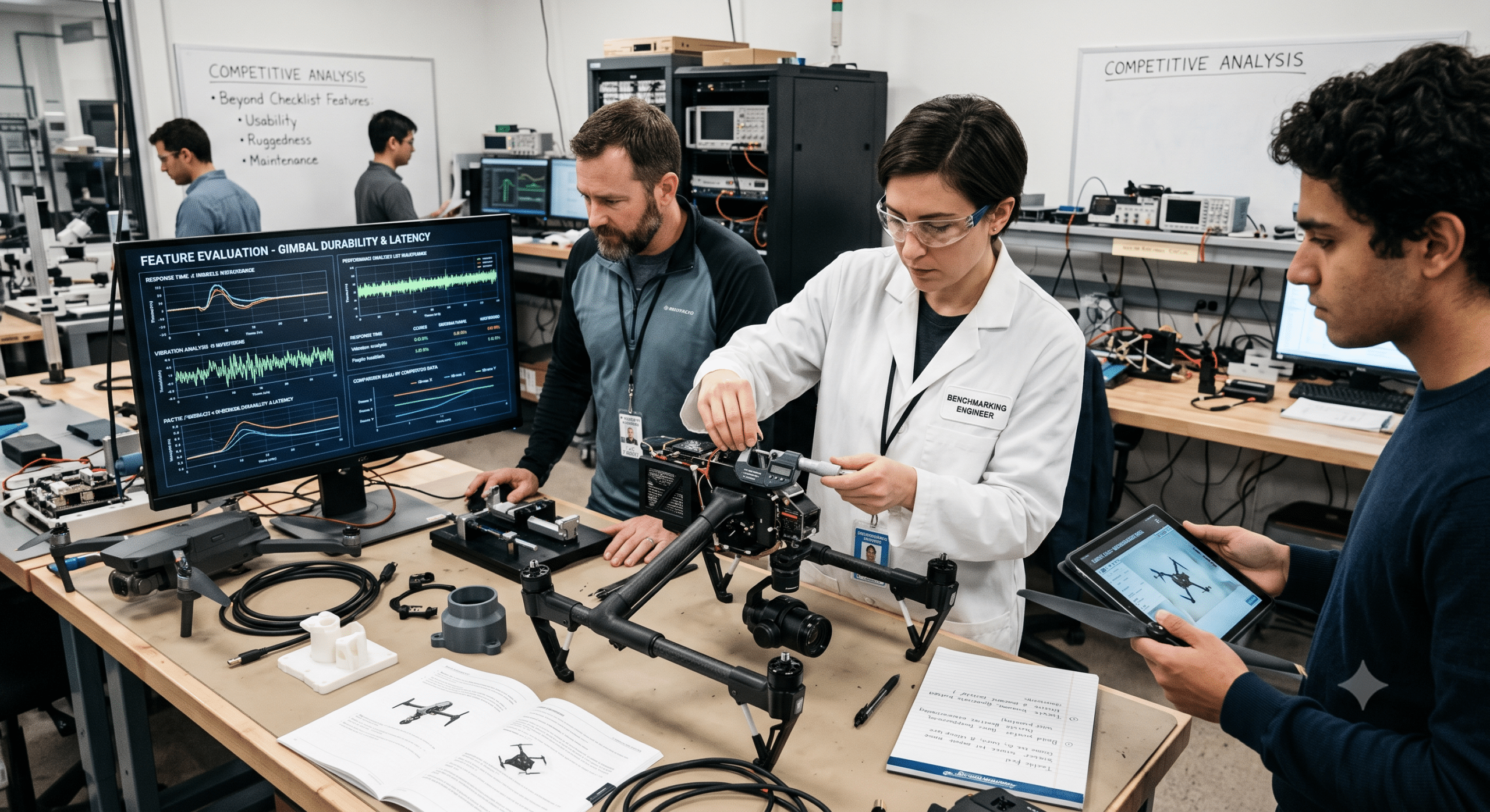 Feature Analysis benchmarking engineers performing technical comparisons and performance testing on industrial drones using measurement tools, dashboards, and competitive analysis in a laboratory