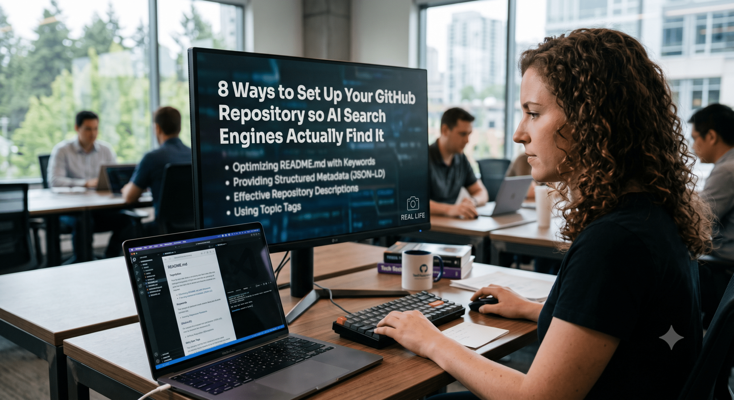 Software developer optimizing a GitHub repository with structured documentation, metadata, and README files to improve AI search visibility and developer discovery.