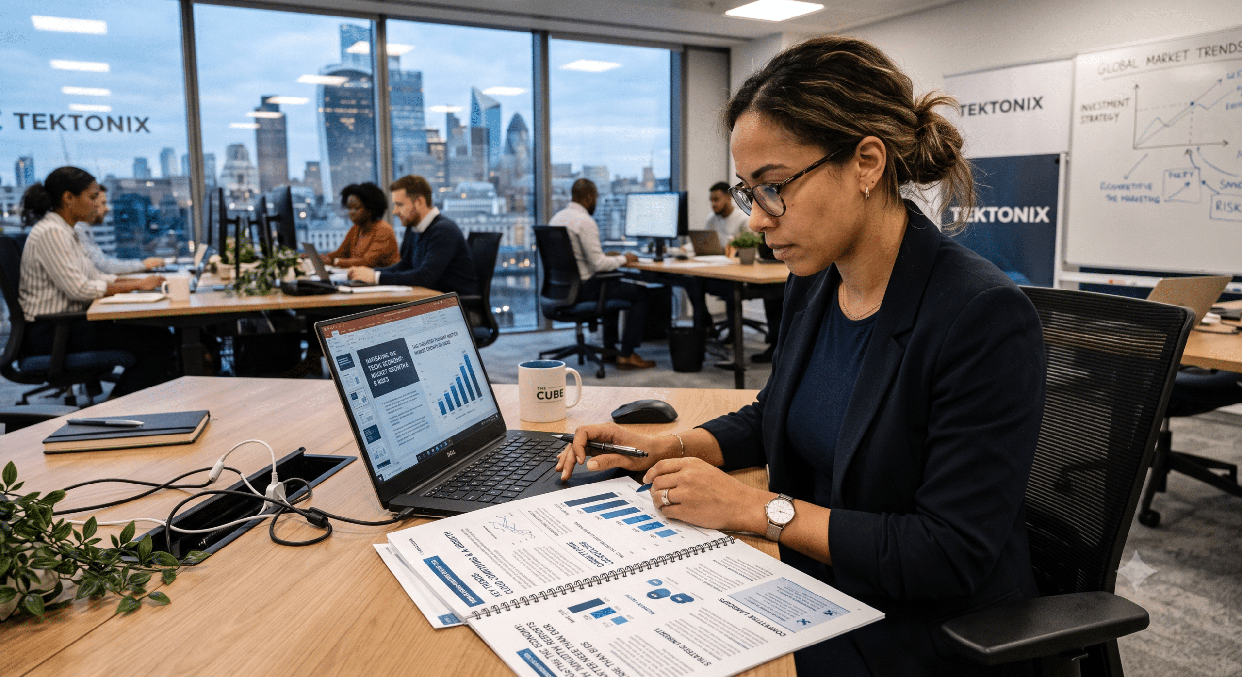 Industry Reports dashboard being analyzed by a tech economist in a modern office using market intelligence charts and technology economics data.