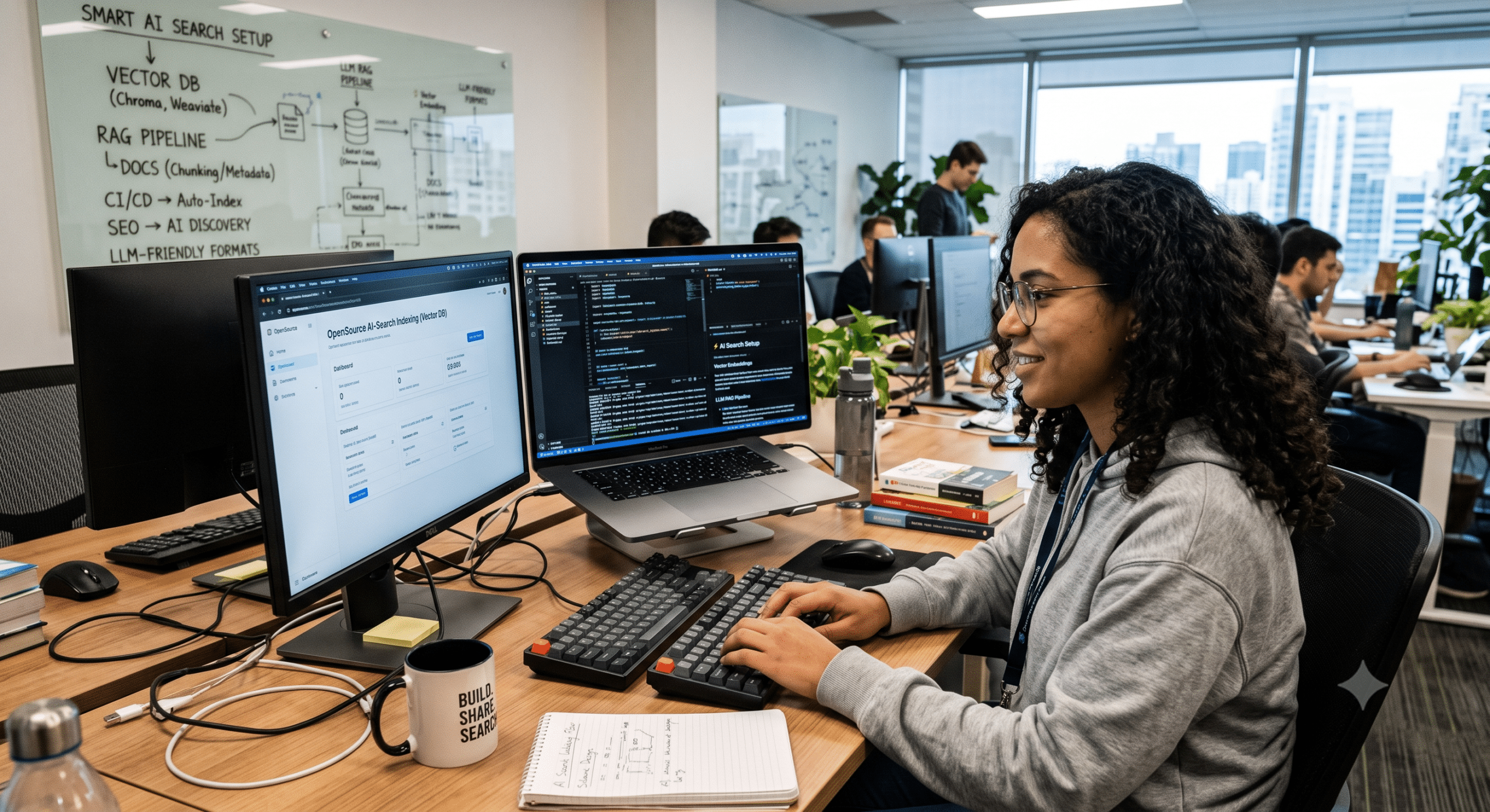 Developer reviewing open source licensing, AI search infrastructure, and software development workflows in a modern engineering workspace.