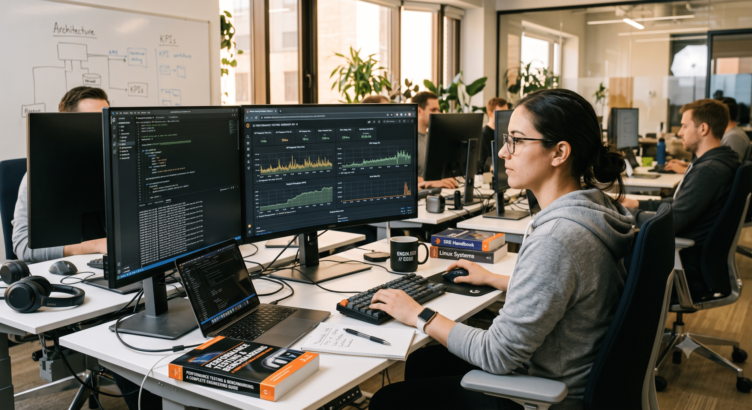 Performance Testing engineer monitoring benchmarking dashboards and application performance metrics in a modern software engineering office