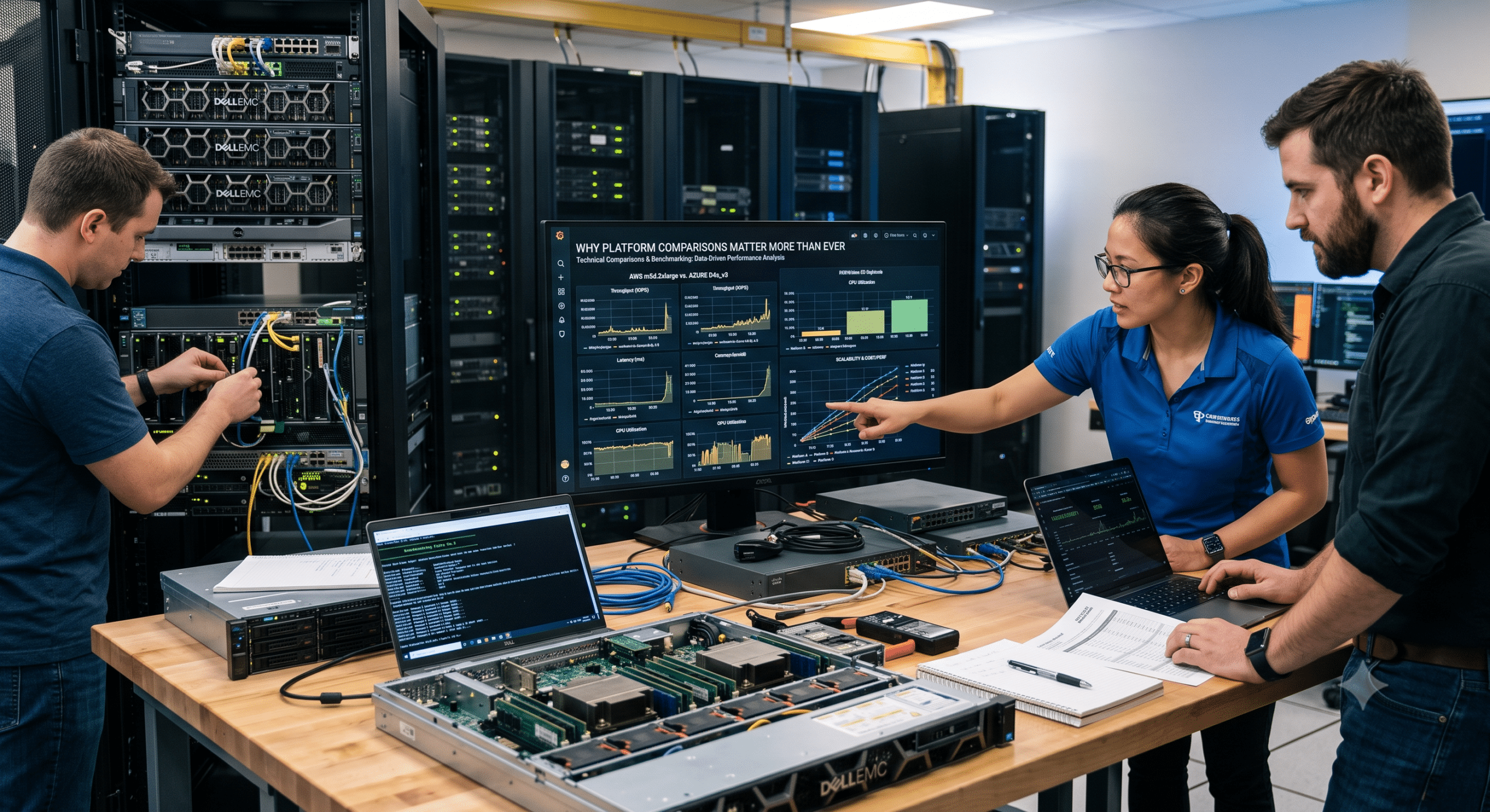 Platform Comparisons dashboard displayed in a data center as benchmarking engineers evaluate server performance, scalability, latency, and infrastructure metrics across enterprise technology platforms.