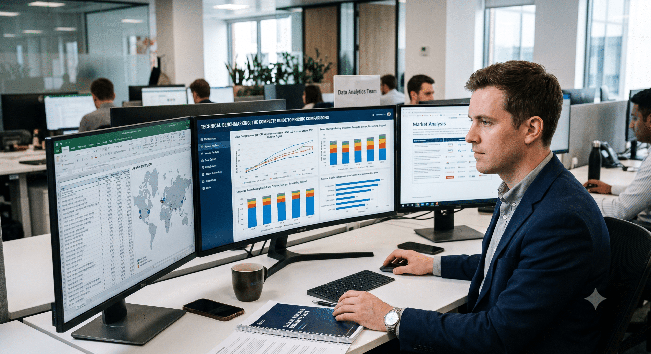Pricing Comparisons dashboard showing a benchmarking engineer analyzing software costs, performance metrics, cloud pricing trends, and technical benchmarking data across multiple monitors.