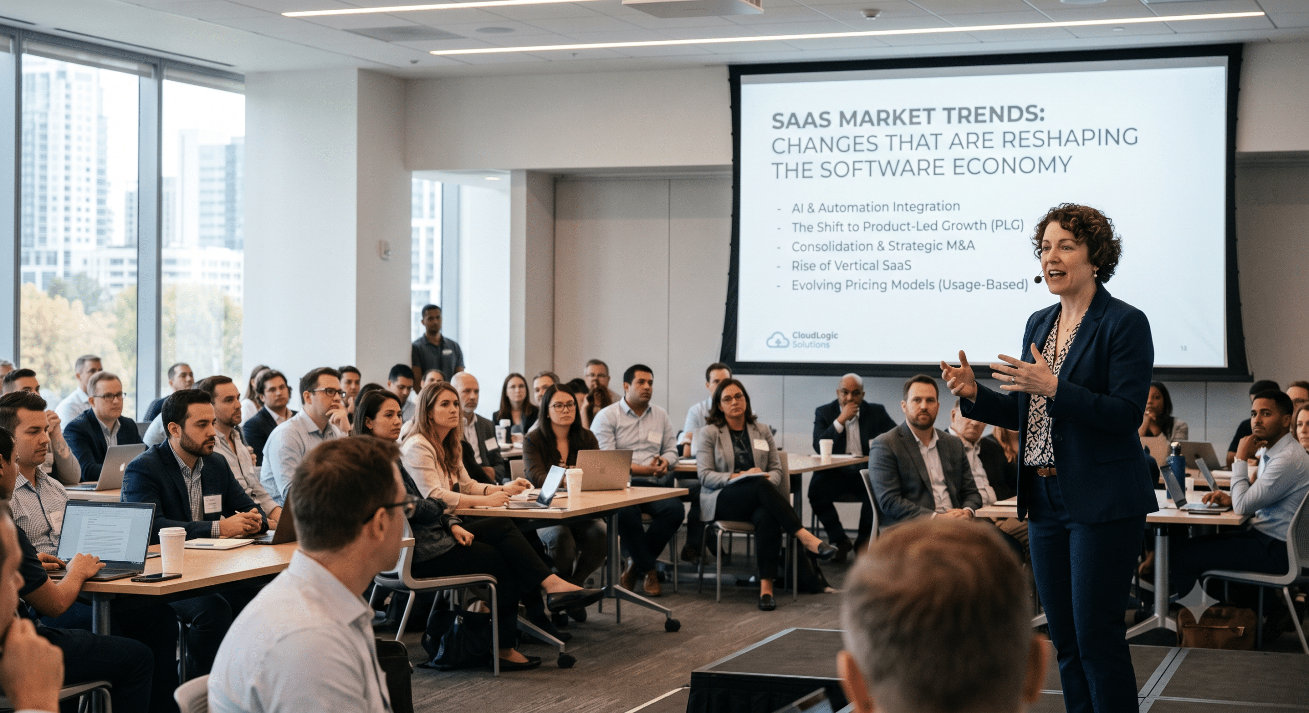 SaaS Market Trends presentation showing AI, vertical SaaS, product-led growth, and usage-based pricing during a technology economics conference.