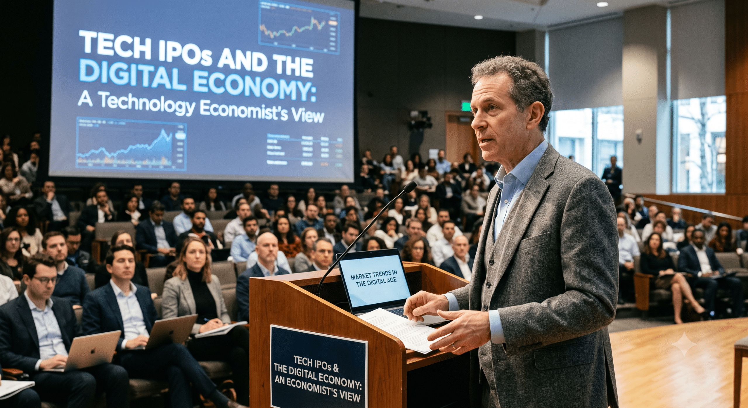 Tech IPOs and the digital economy presentation at a technology economics conference with a speaker discussing market trends, stock performance, and digital innovation before a business audience.