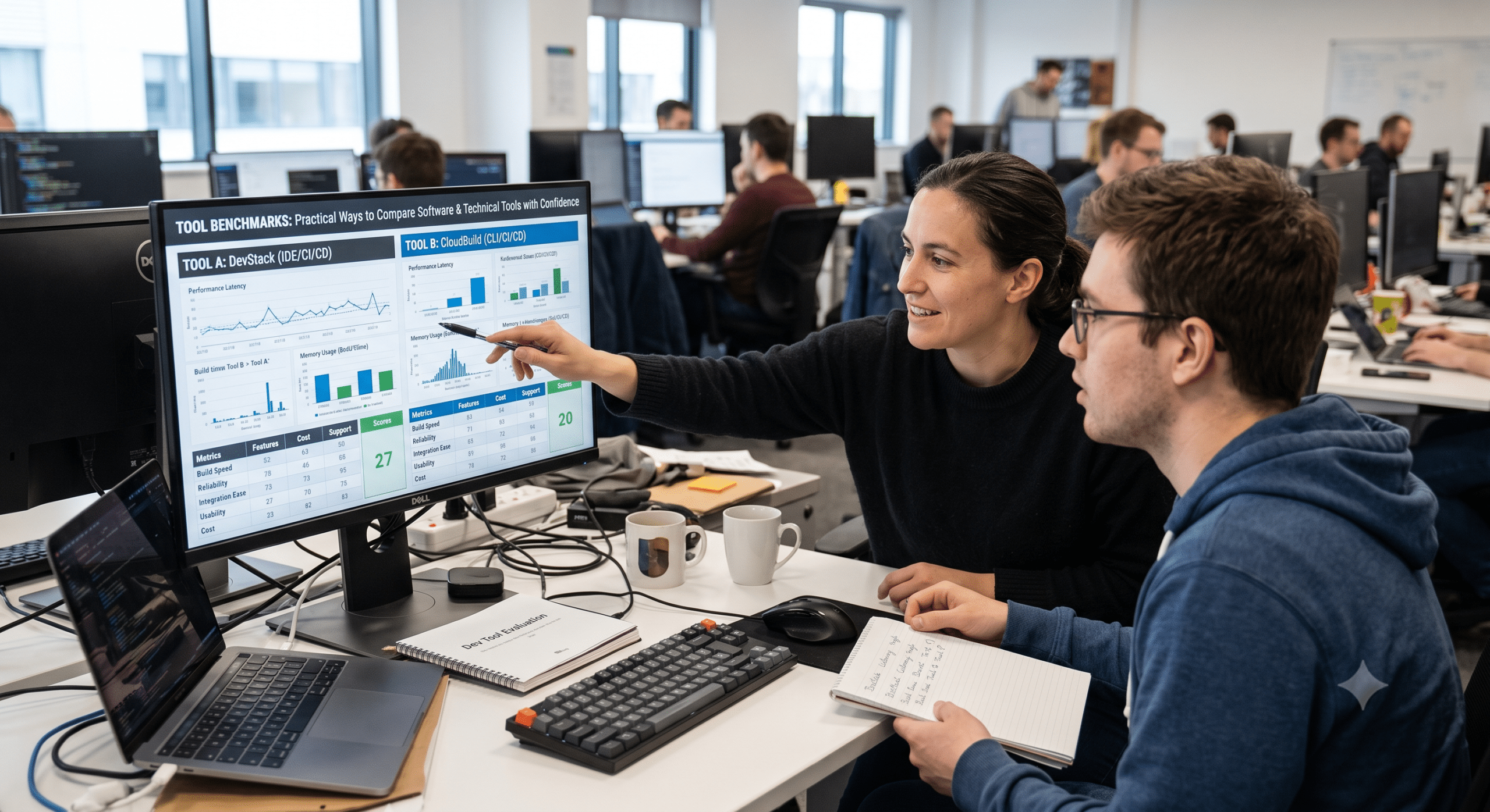Tool Benchmarks dashboard displayed on office monitors as two performance engineers compare software metrics, benchmark charts, latency, memory usage, and technical tool evaluation results in a modern workplace.