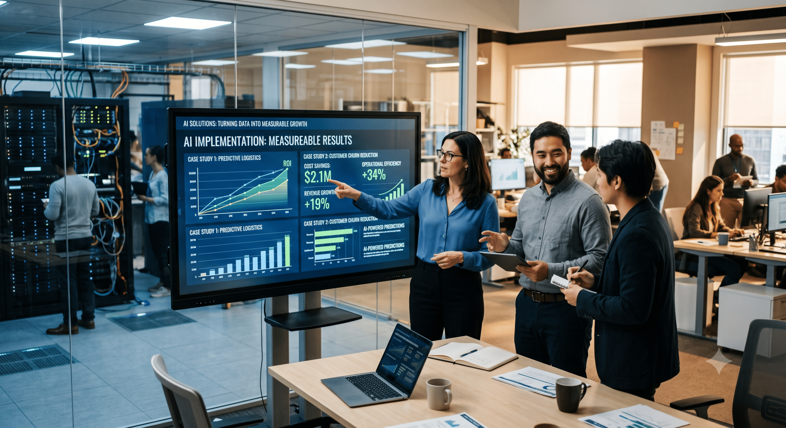AI Implementations case study presentation showing measurable business results, predictive analytics dashboards, enterprise team collaboration, and modern data center infrastructure.