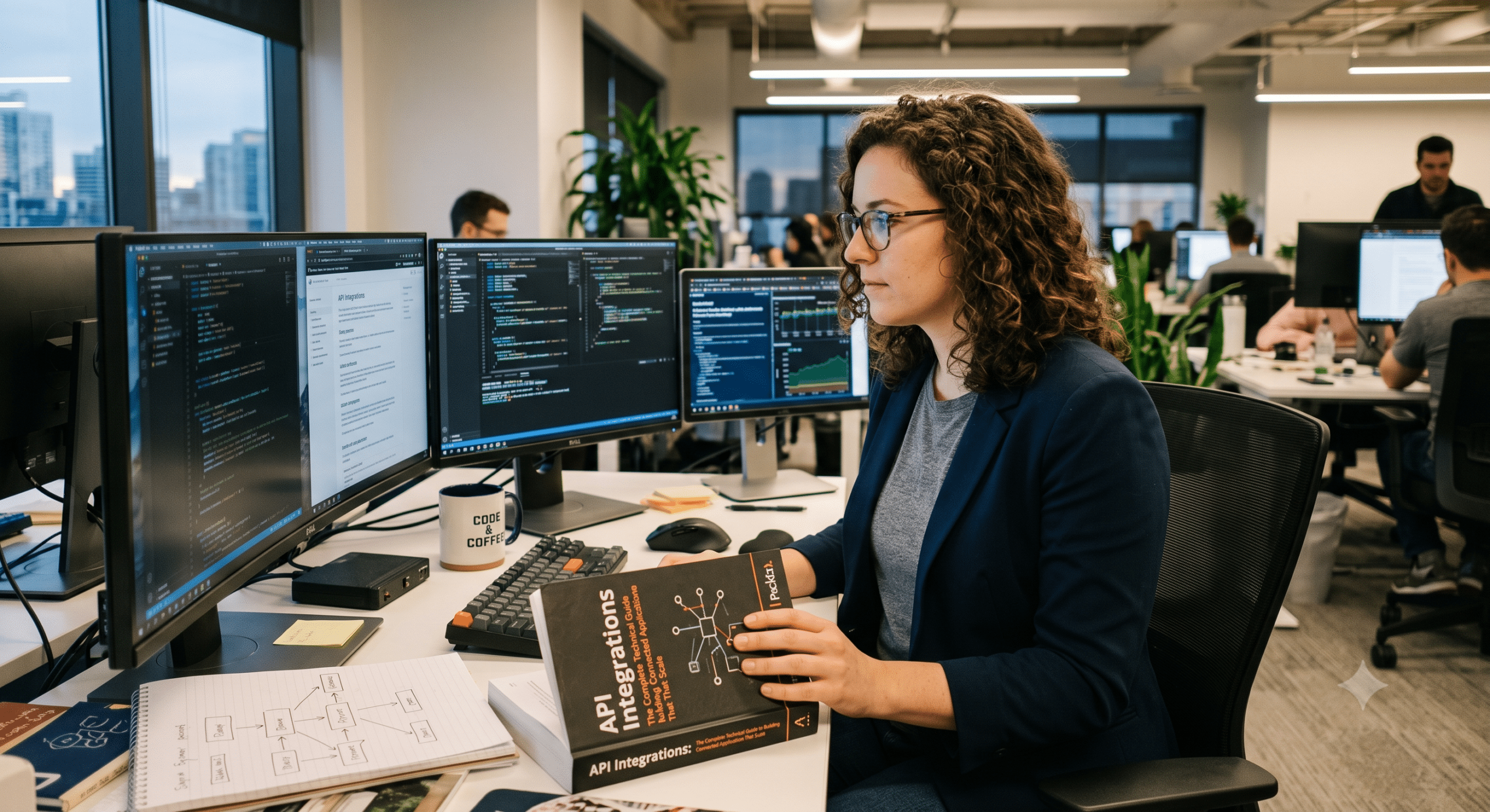 Developer implementing API Integrations on multiple monitors while reviewing API documentation in a modern software development office.