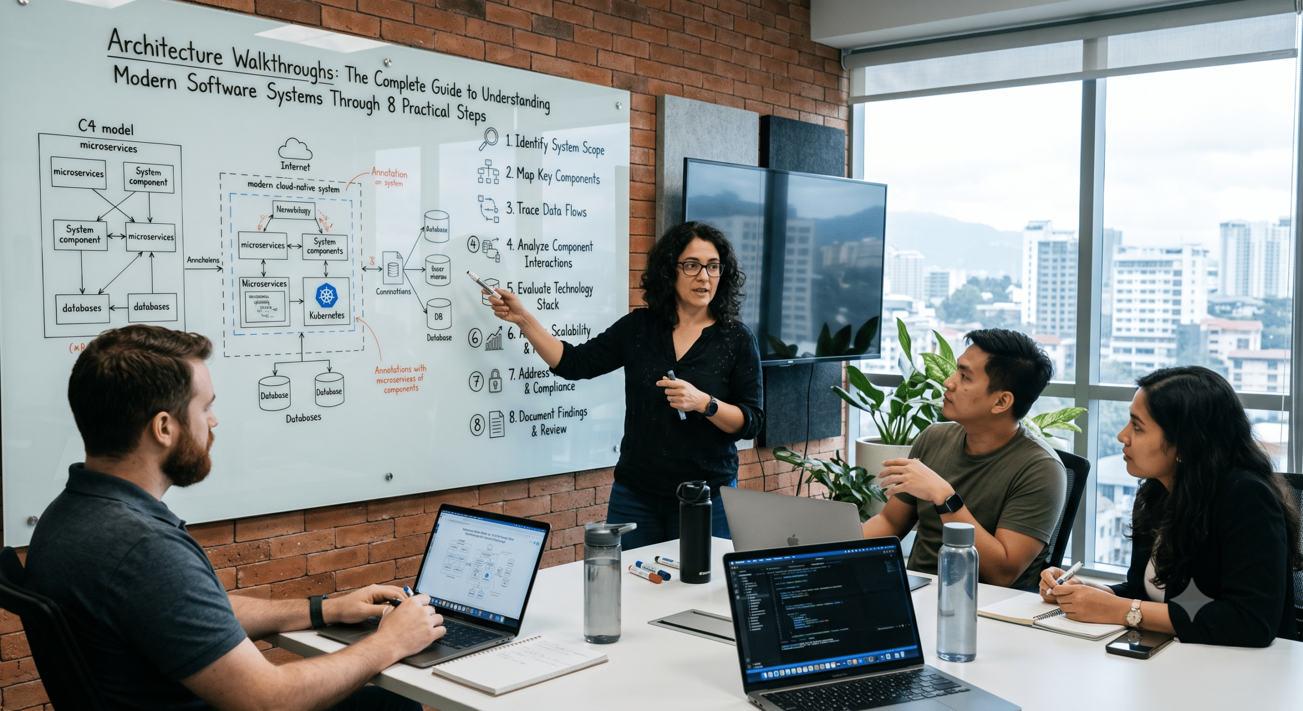 Architecture Walkthroughs presentation showing a software team reviewing microservices architecture, data flows, Kubernetes deployment, and system design during a technical planning session.