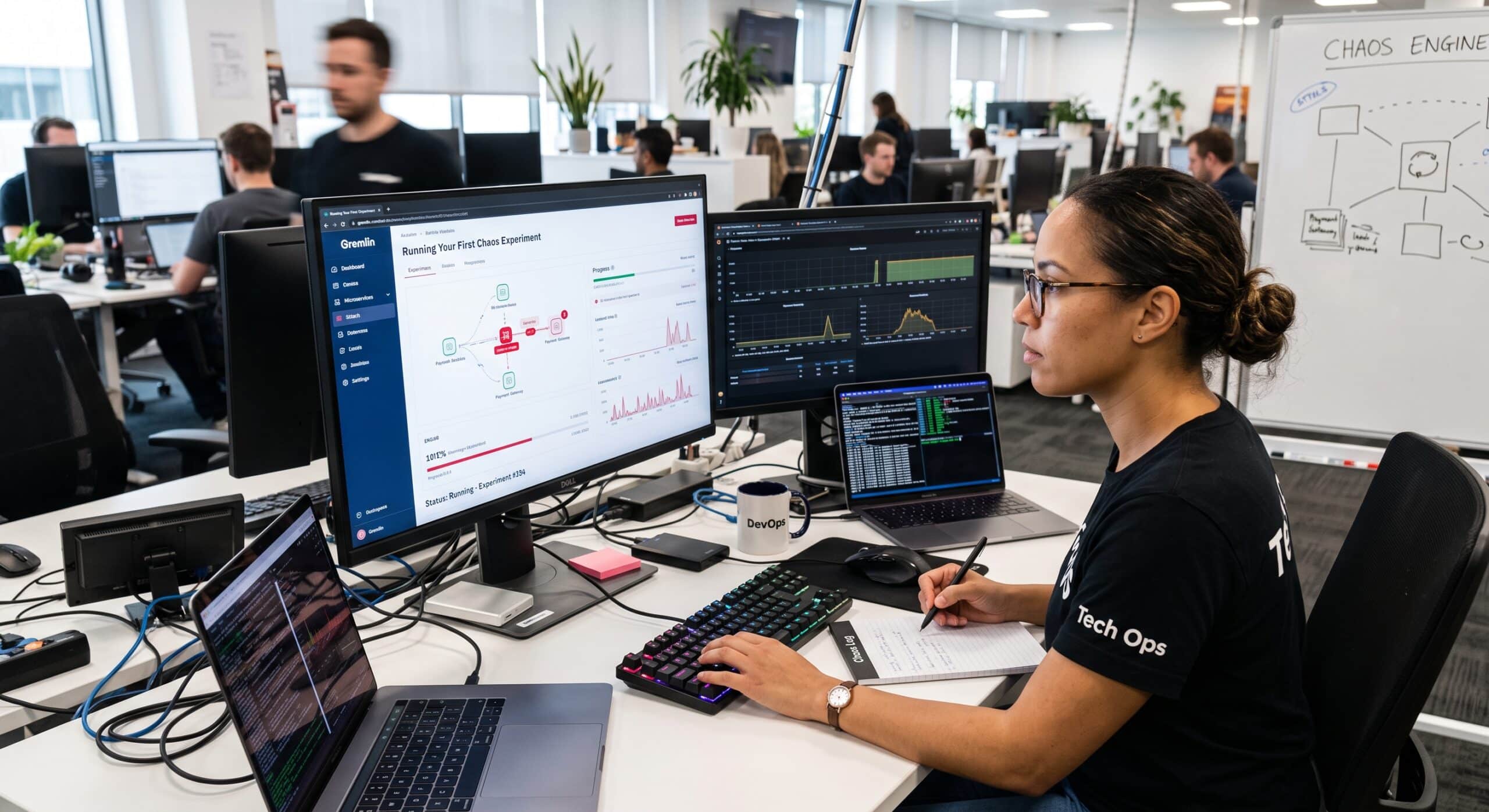 DevOps engineer running a chaos engineering experiment with monitoring dashboards and system performance metrics
