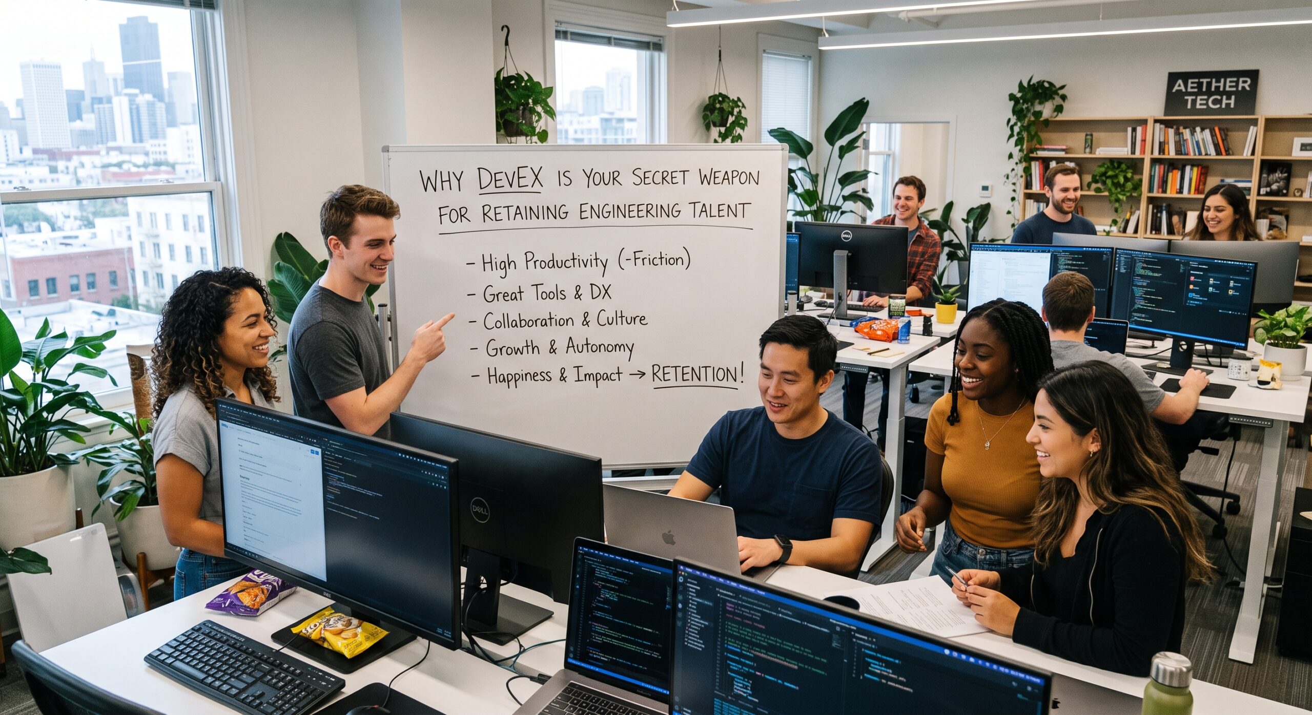 Software development team collaborating on developer experience and engineering talent retention