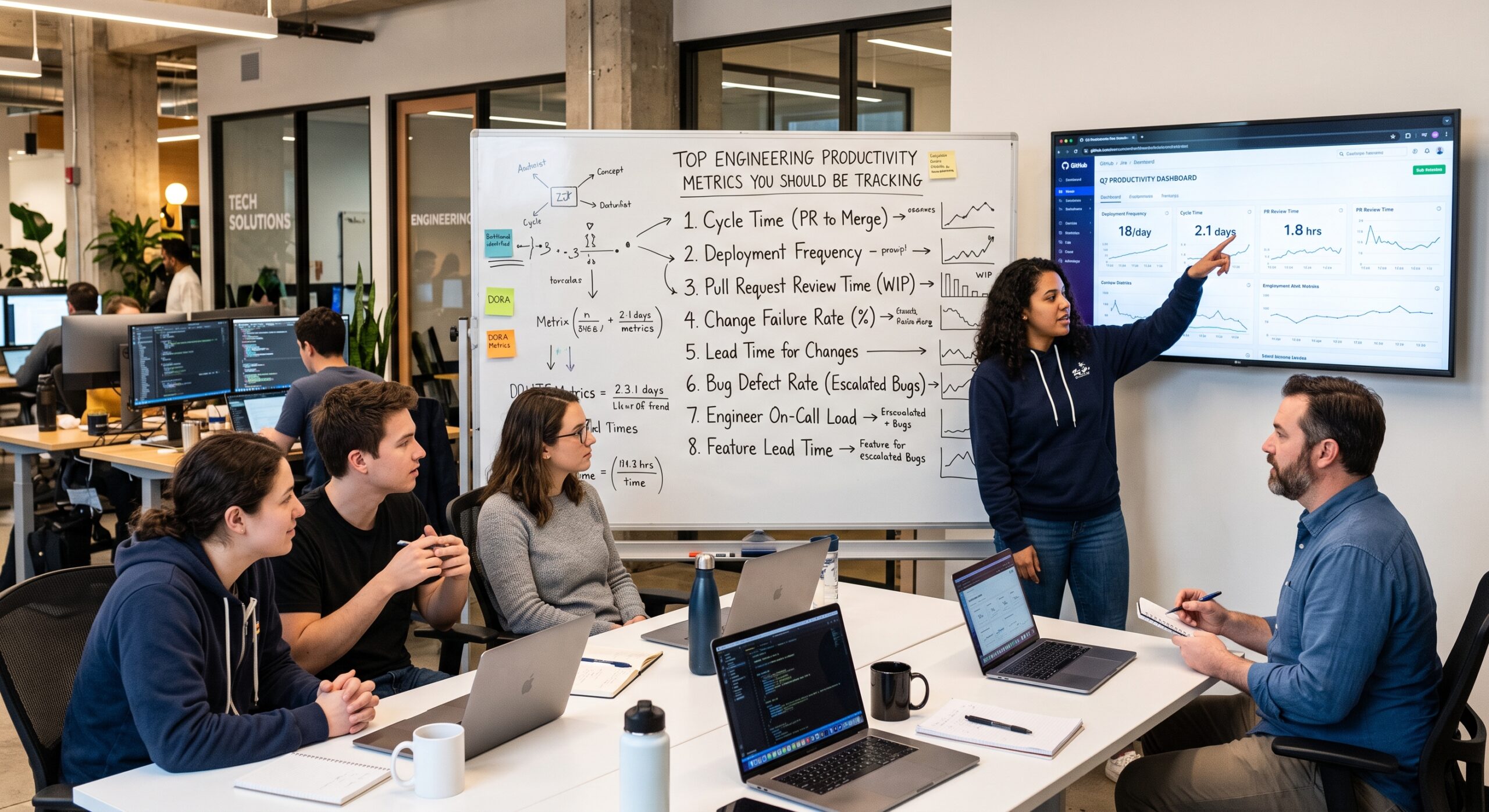 Software engineering team reviewing engineering productivity metrics, DORA metrics, cycle time, deployment frequency, and change failure rate