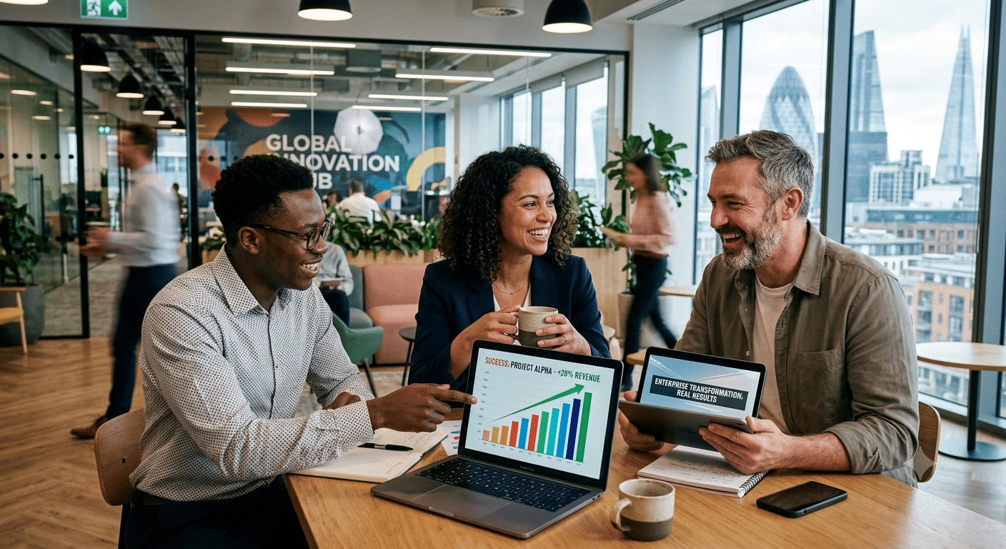 Enterprise Case Studies showcasing a diverse business team reviewing digital transformation success metrics, revenue growth charts, and real-world enterprise system results in a modern collaborative office.