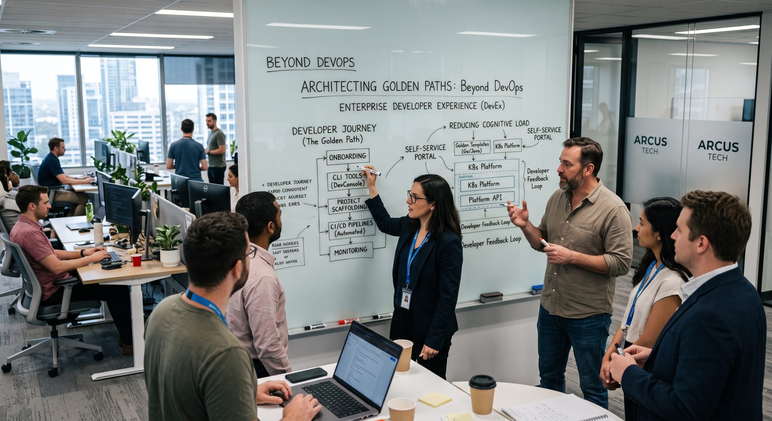 Software engineering team discussing golden path frameworks, DevOps workflows, self-service platforms, and developer experience