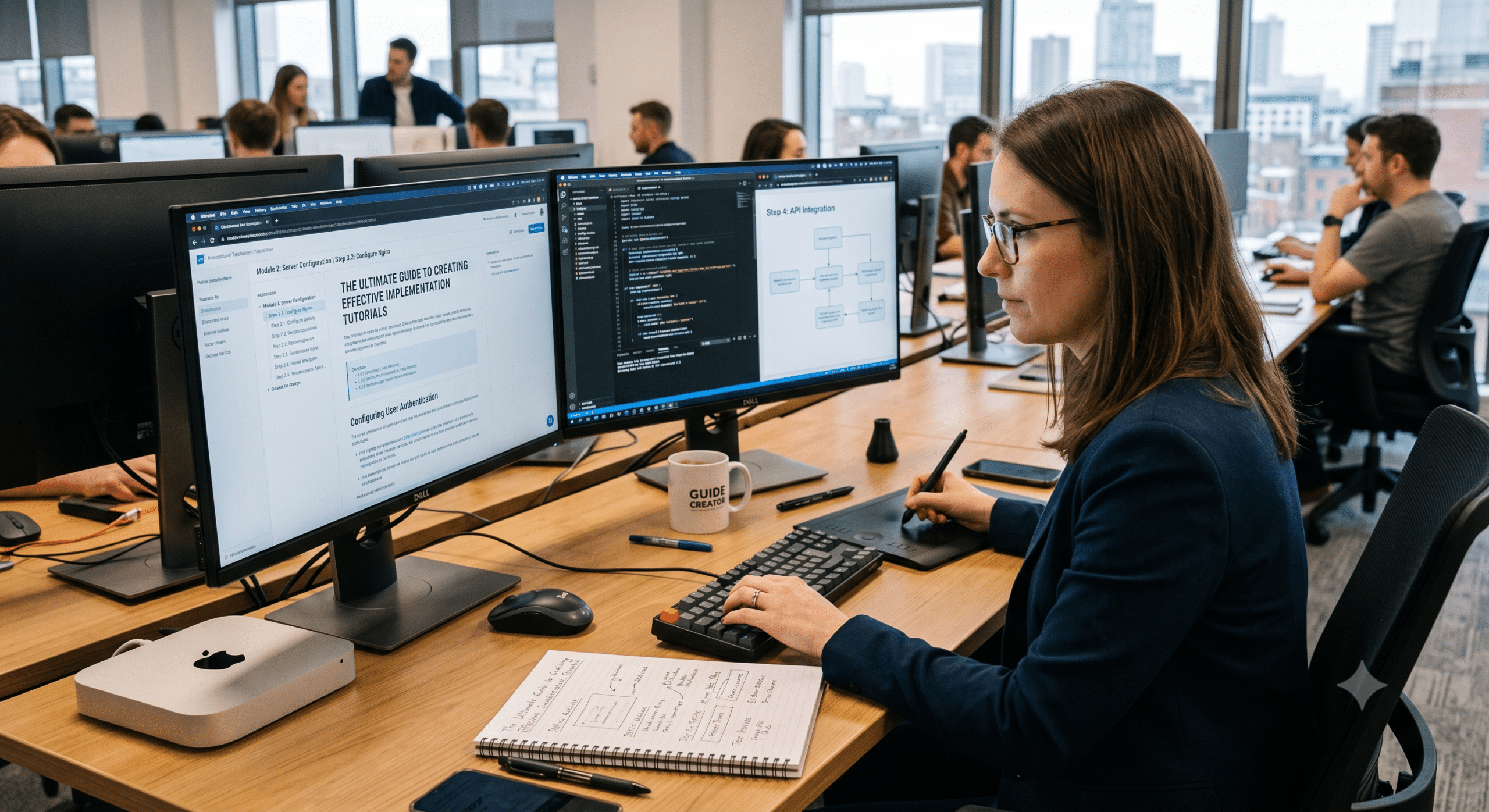 Implementation Tutorials displayed on dual monitors as a technical content strategist creates step-by-step software implementation guides in a modern office.