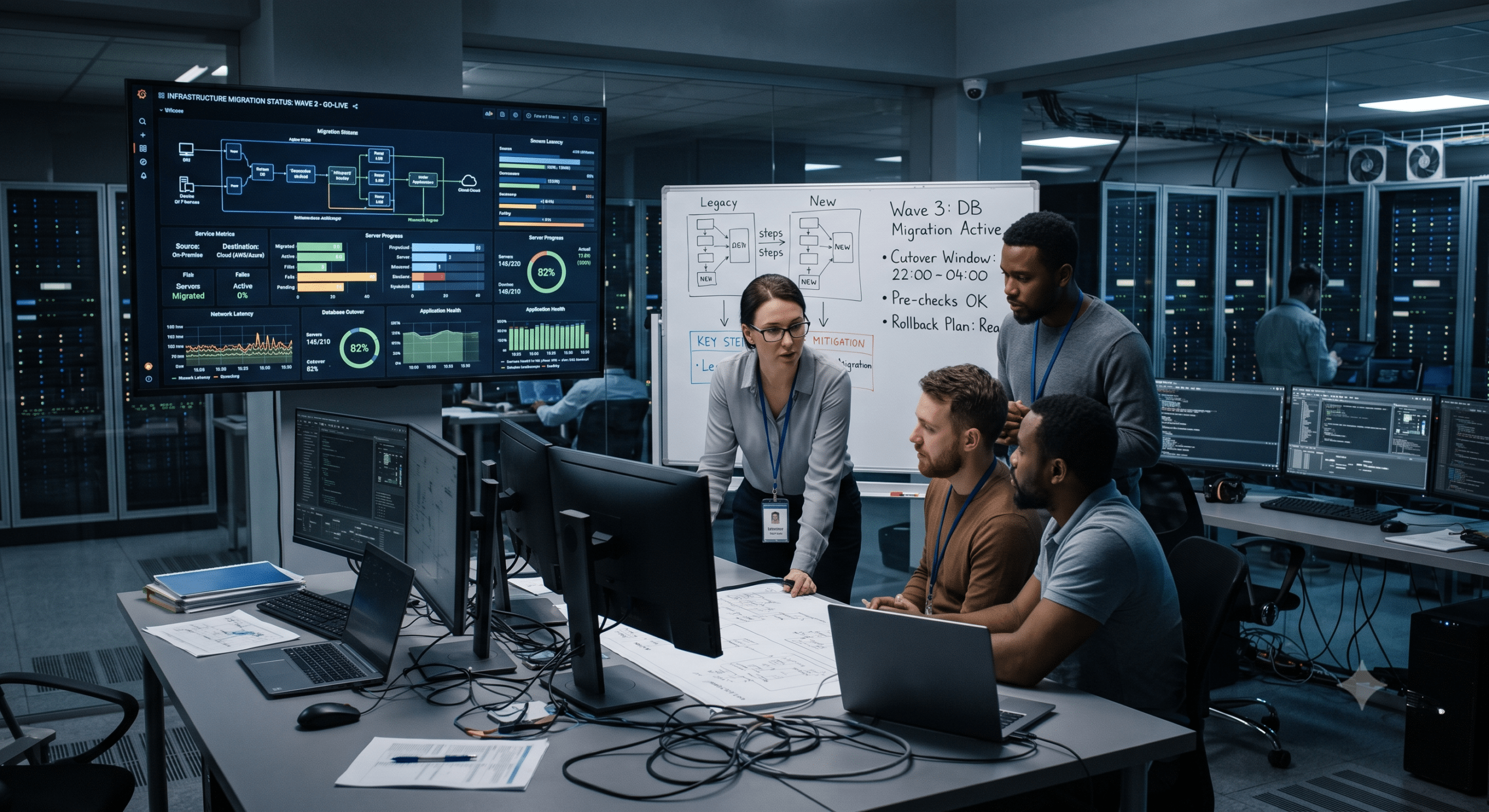 Infrastructure Migrations project team coordinating a phased data center migration with real-time monitoring dashboards, server infrastructure, and cloud migration planning in an enterprise operations center.
