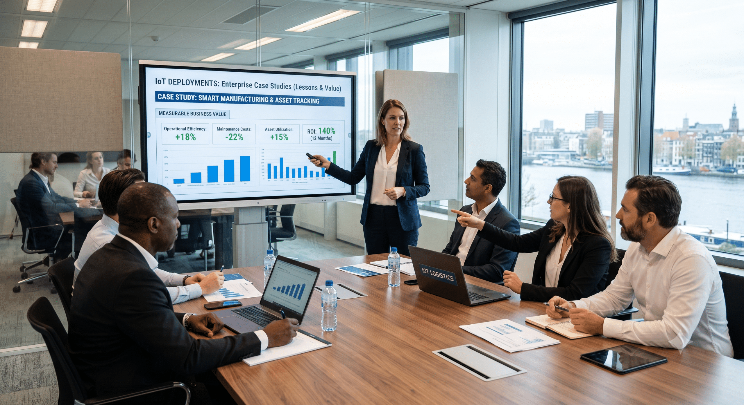 IoT Deployments enterprise case study presentation showing smart manufacturing, asset tracking, operational efficiency improvements, and ROI analytics in a modern business meeting