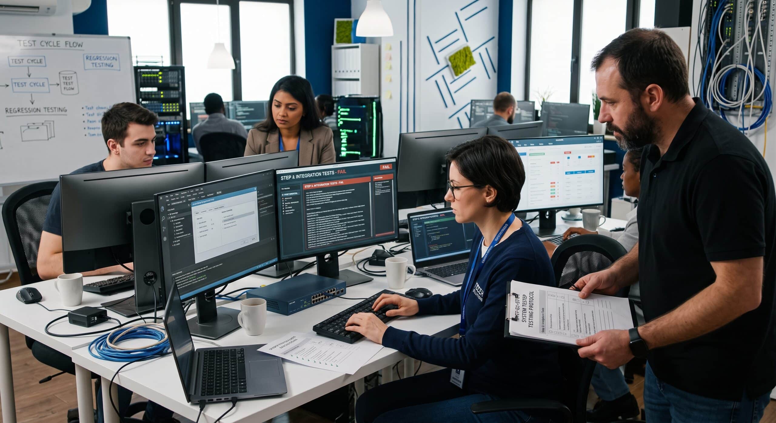Load testing systems team conducting software testing and integration tests in a technical operations environment