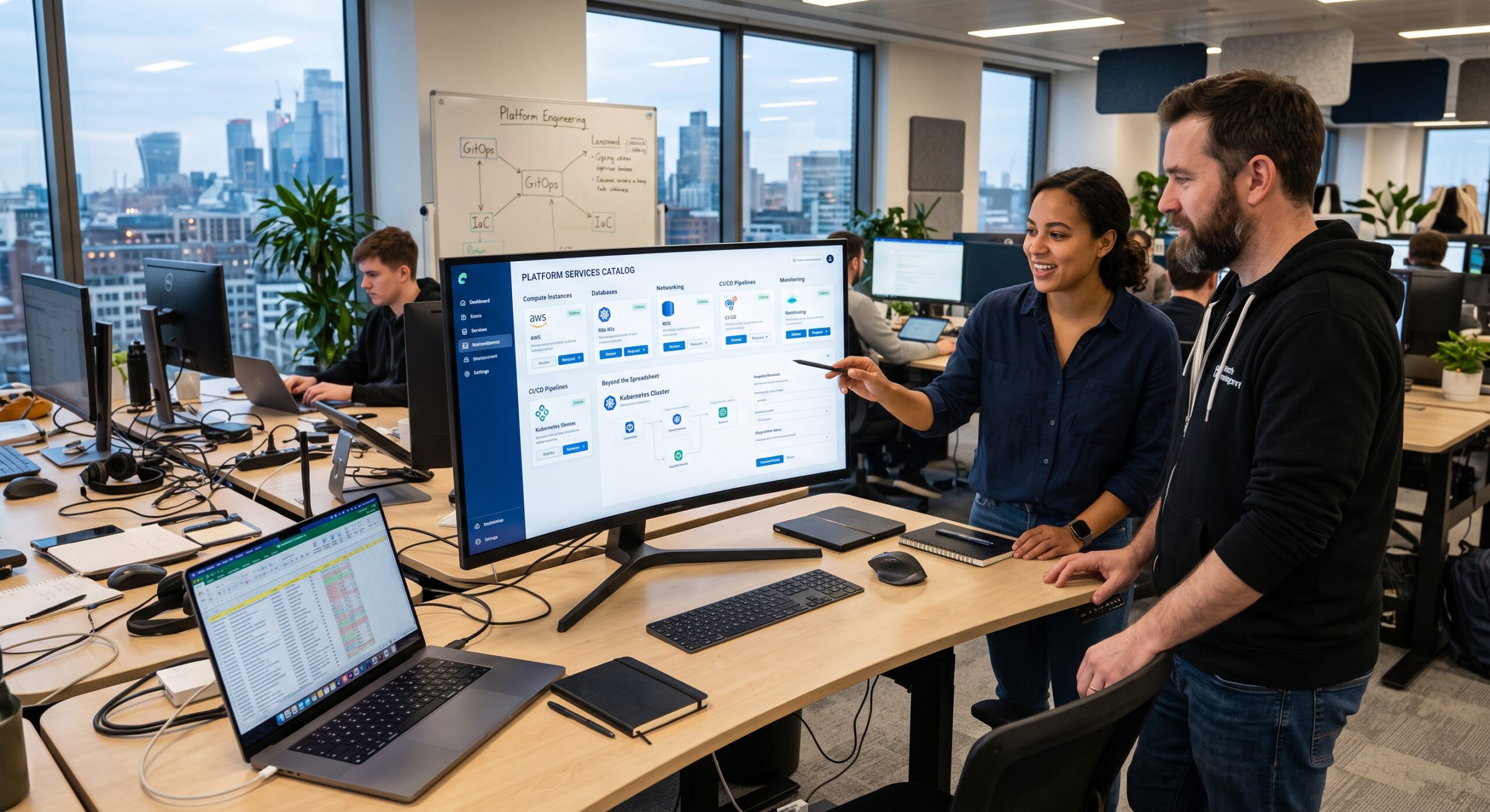 Platform engineering team reviewing a cloud service catalog dashboard in a modern office