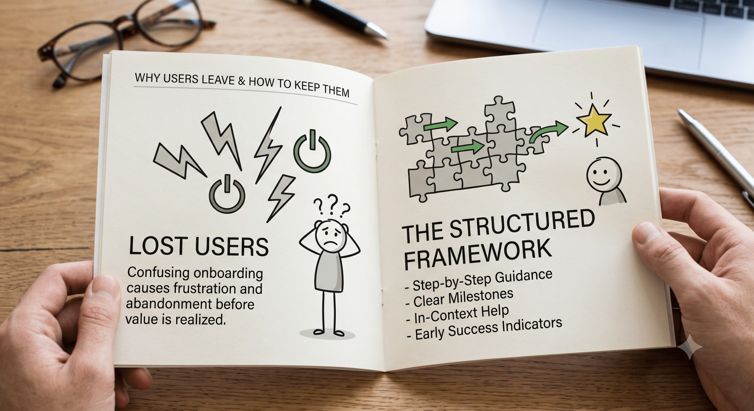 Setup Guides illustration showing why users leave due to confusing onboarding and a structured framework with step-by-step guidance, clear milestones, in-context help, and early success indicators.