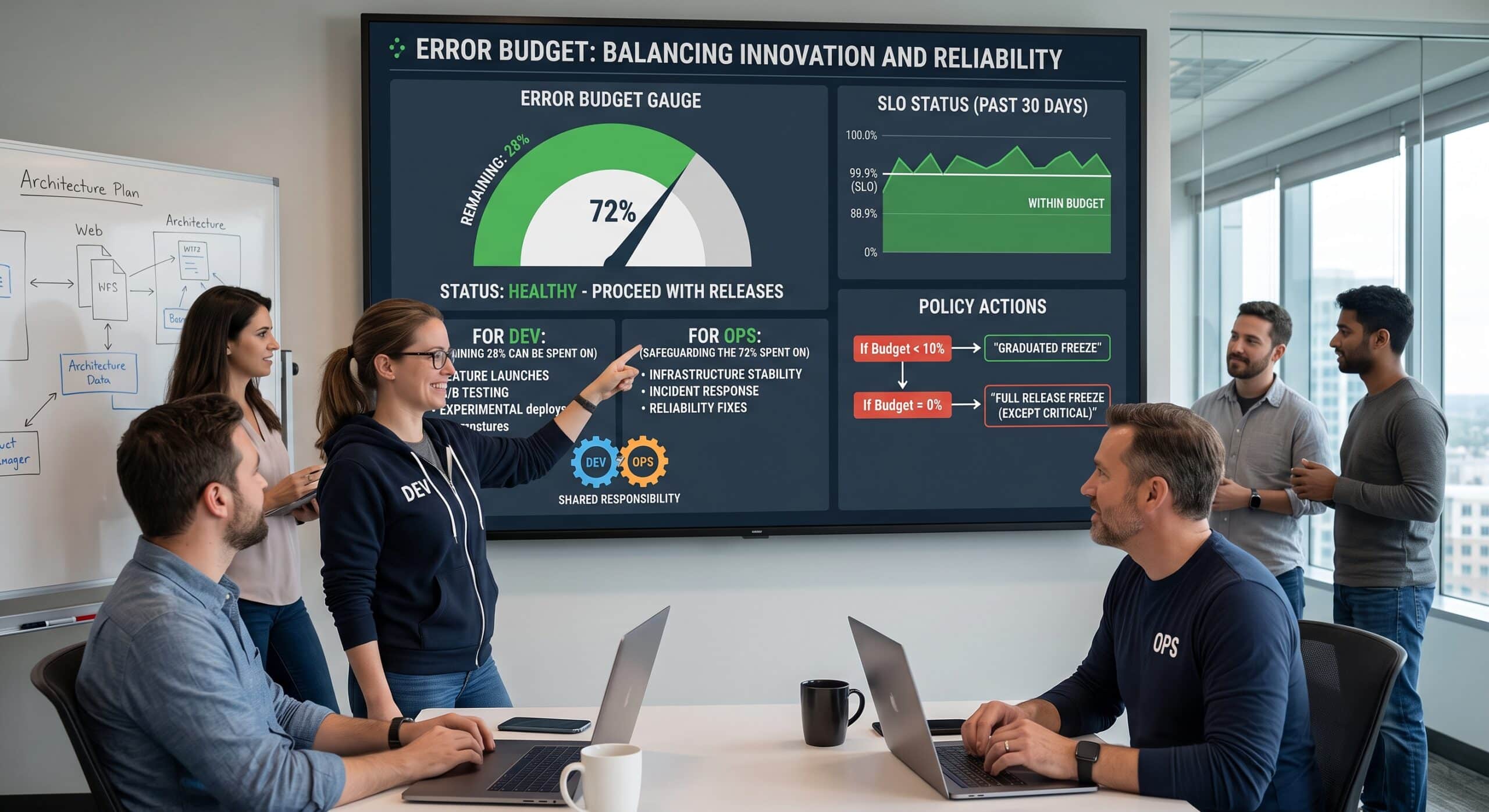 Site reliability engineering team reviewing an error budget dashboard for innovation and system reliability