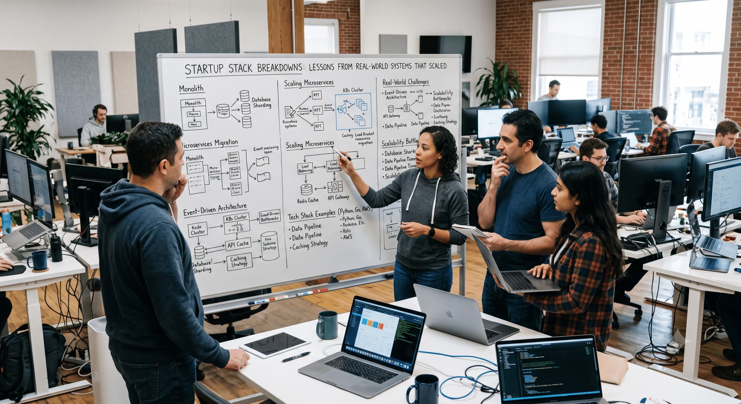 Startup Stack Breakdowns workshop showing engineers reviewing real-world startup system architectures, monolith to microservices migration, scalability strategies, and modern cloud technology stacks.