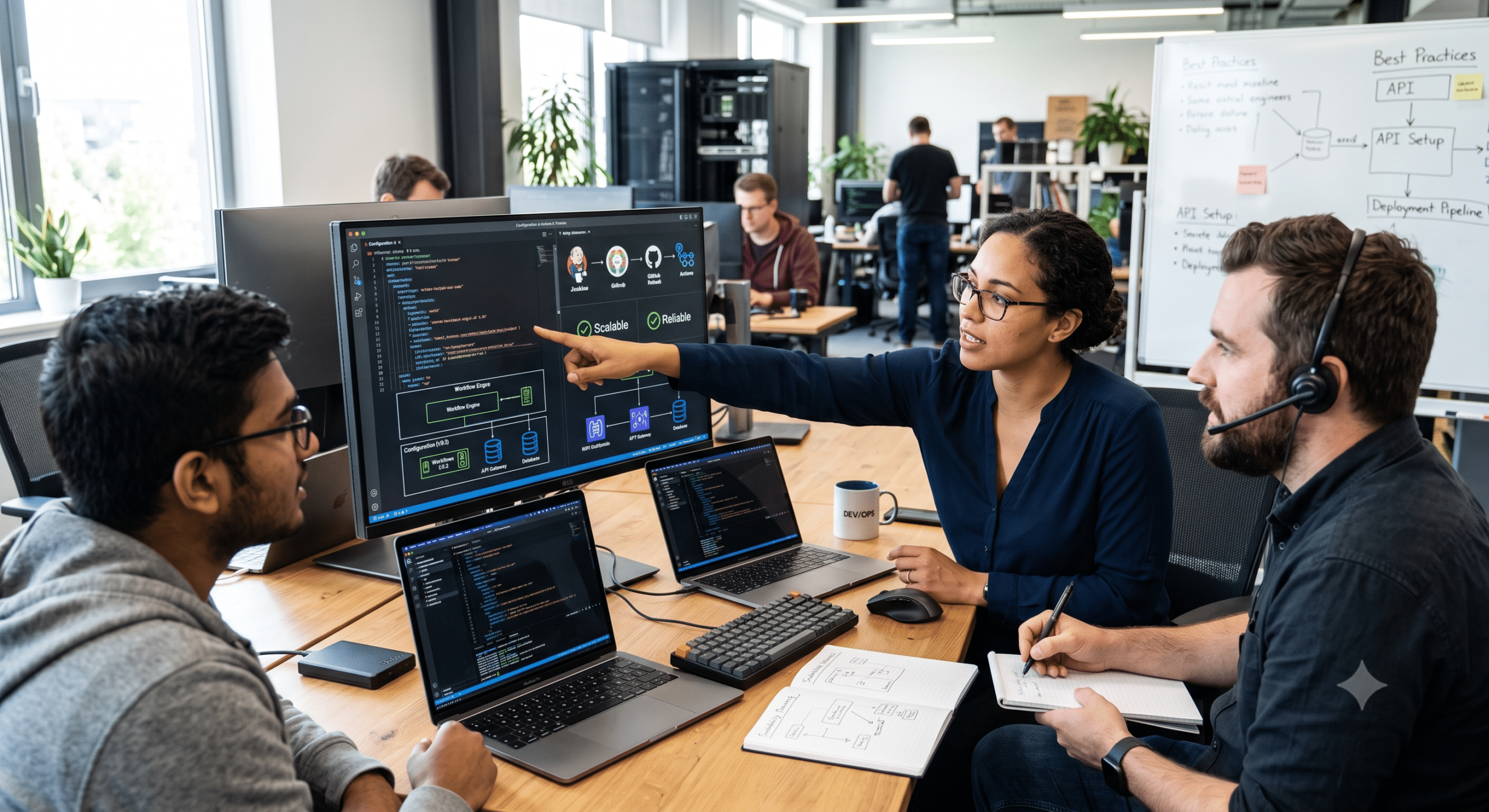 Tool configuration team collaborating on software setup, API integration, workflow automation, and technical system configuration in a modern development workspace.