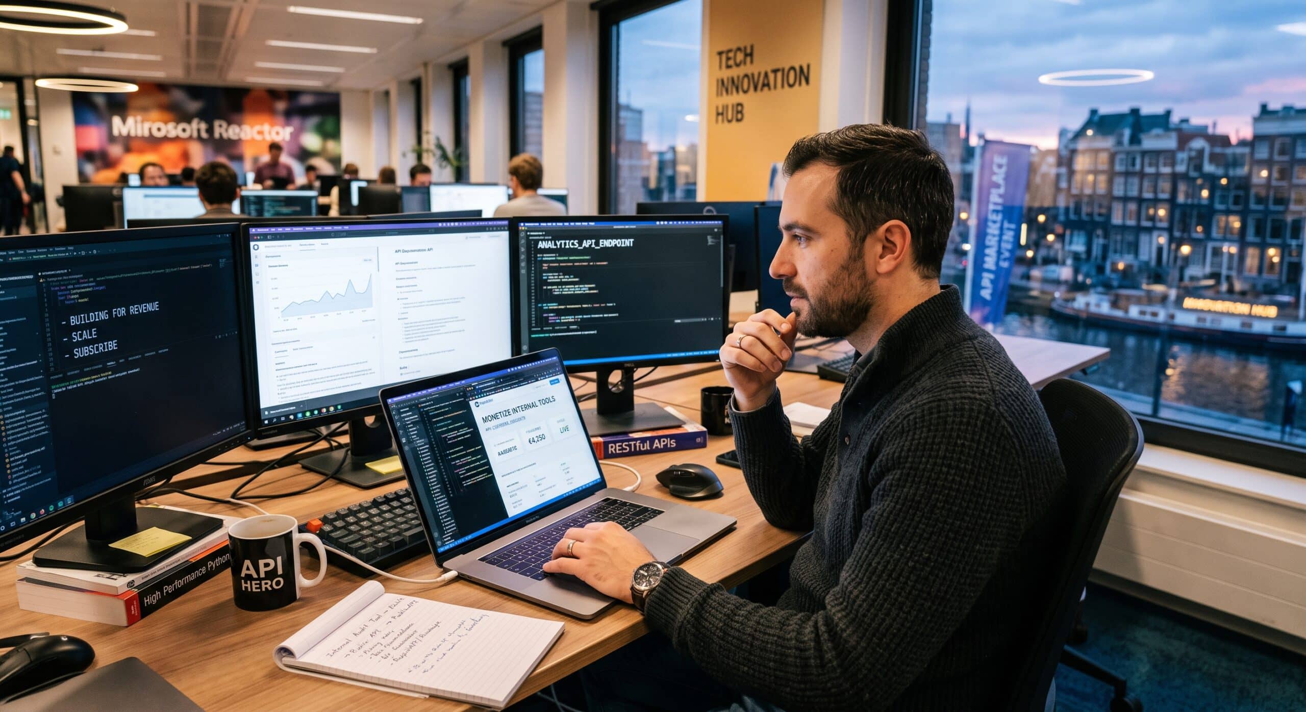 API product manager reviewing live revenue and traffic data while listing an internal tool on an API marketplace