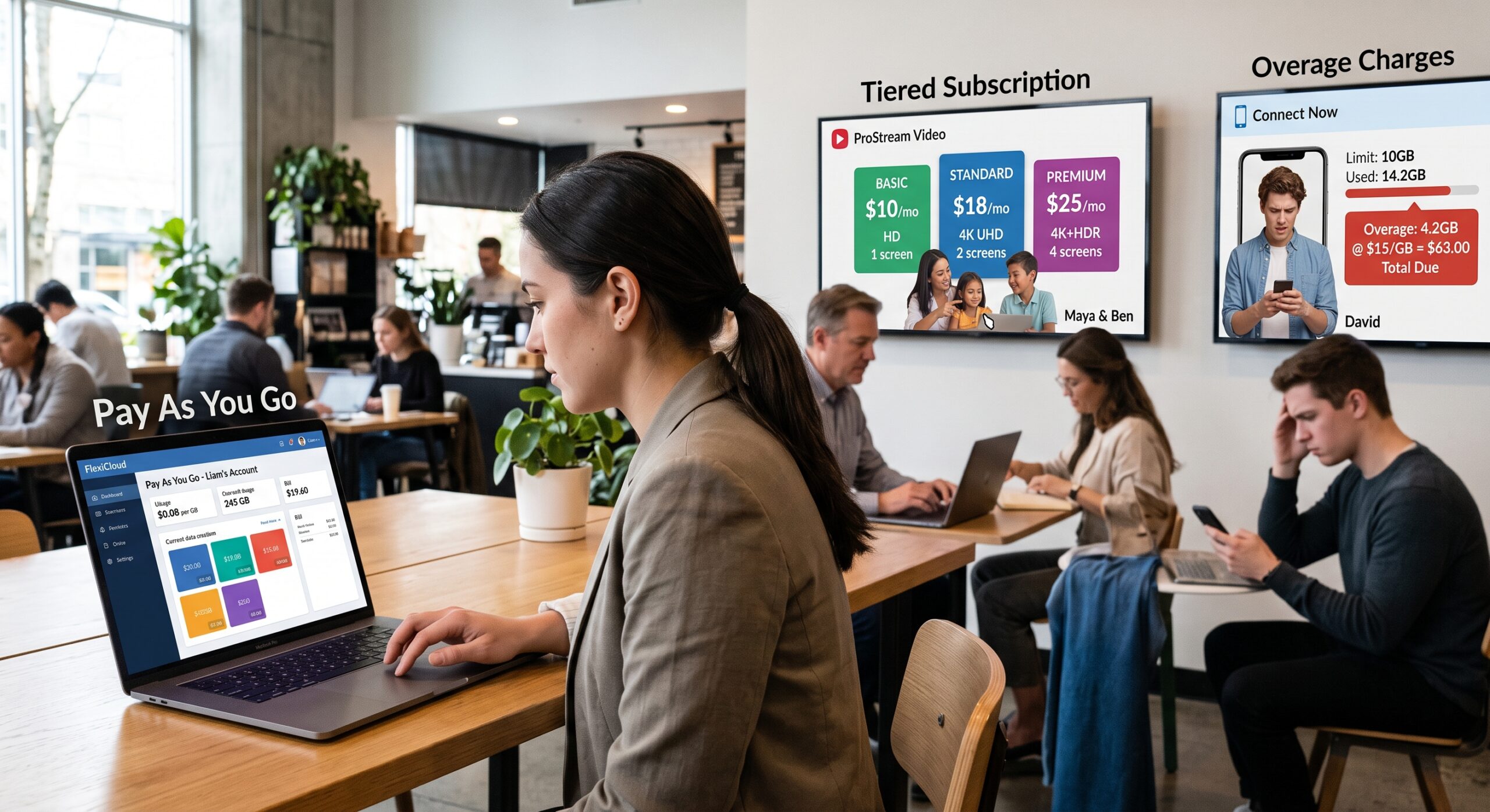 Coworking space displaying three API monetization models side by side: a pay as you go usage dashboard, a tiered subscription pricing screen, and an overage charges alert