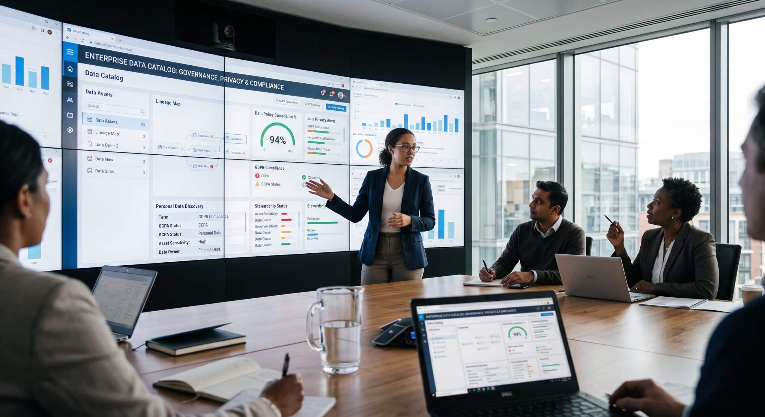 CDO presenting a data catalog platform dashboard with GDPR and CCPA compliance metrics to the executive team