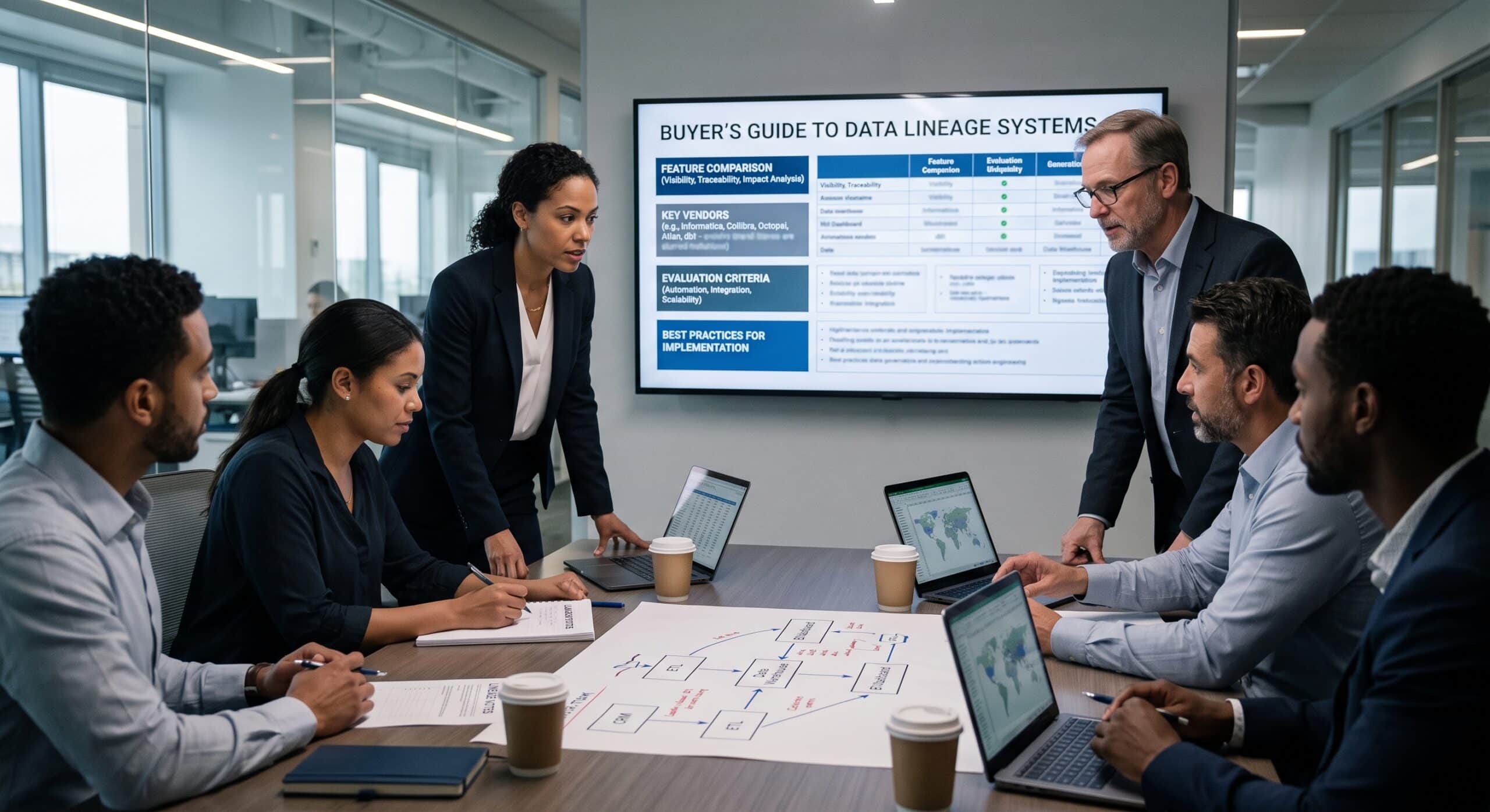 A diverse business team meeting around a conference table. One woman is presenting using a large wall monitor displaying a presentation titled "Buyer's Guide to Data Lineage Systems," which includes sections on feature comparison, key vendors, evaluation criteria, and best practices. Laptops and coffee cups are on the table.