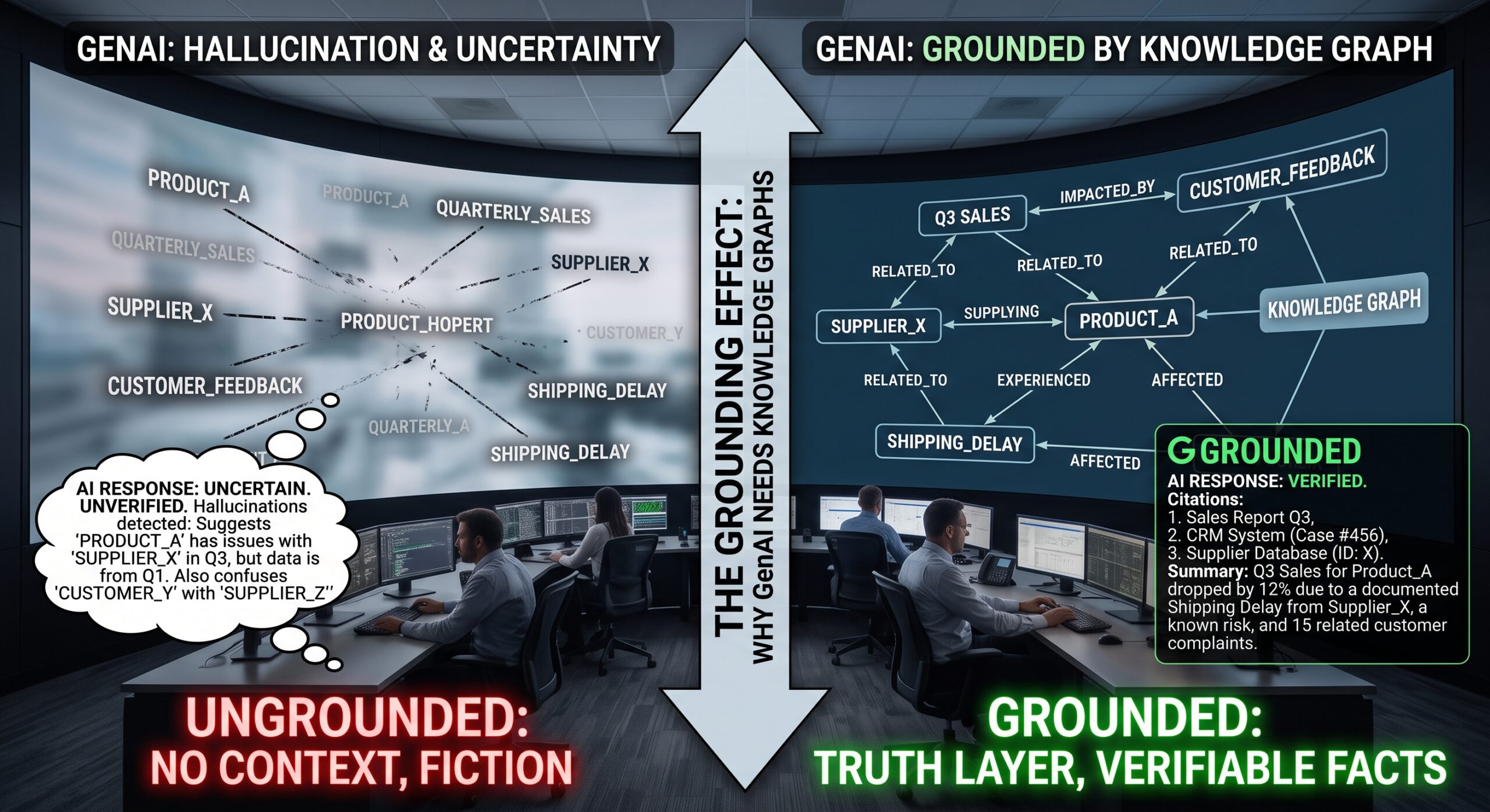 Enterprise Knowledge Graphs grounding GenAI outputs, comparing hallucinated AI responses against verified, citation backed answers