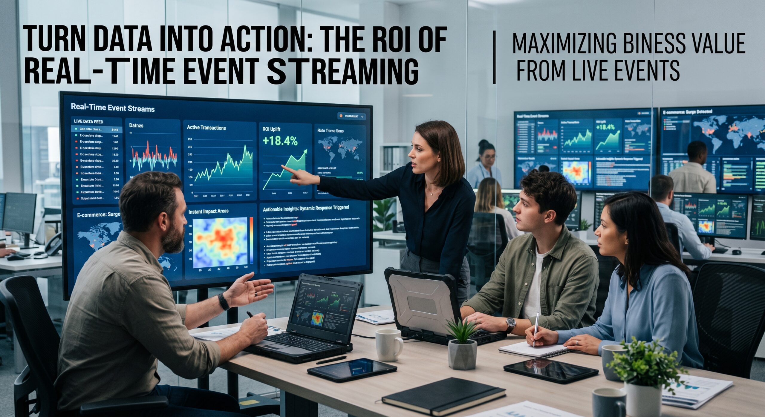 Data architects reviewing an event streaming systems dashboard with real-time ROI and transaction analytics
