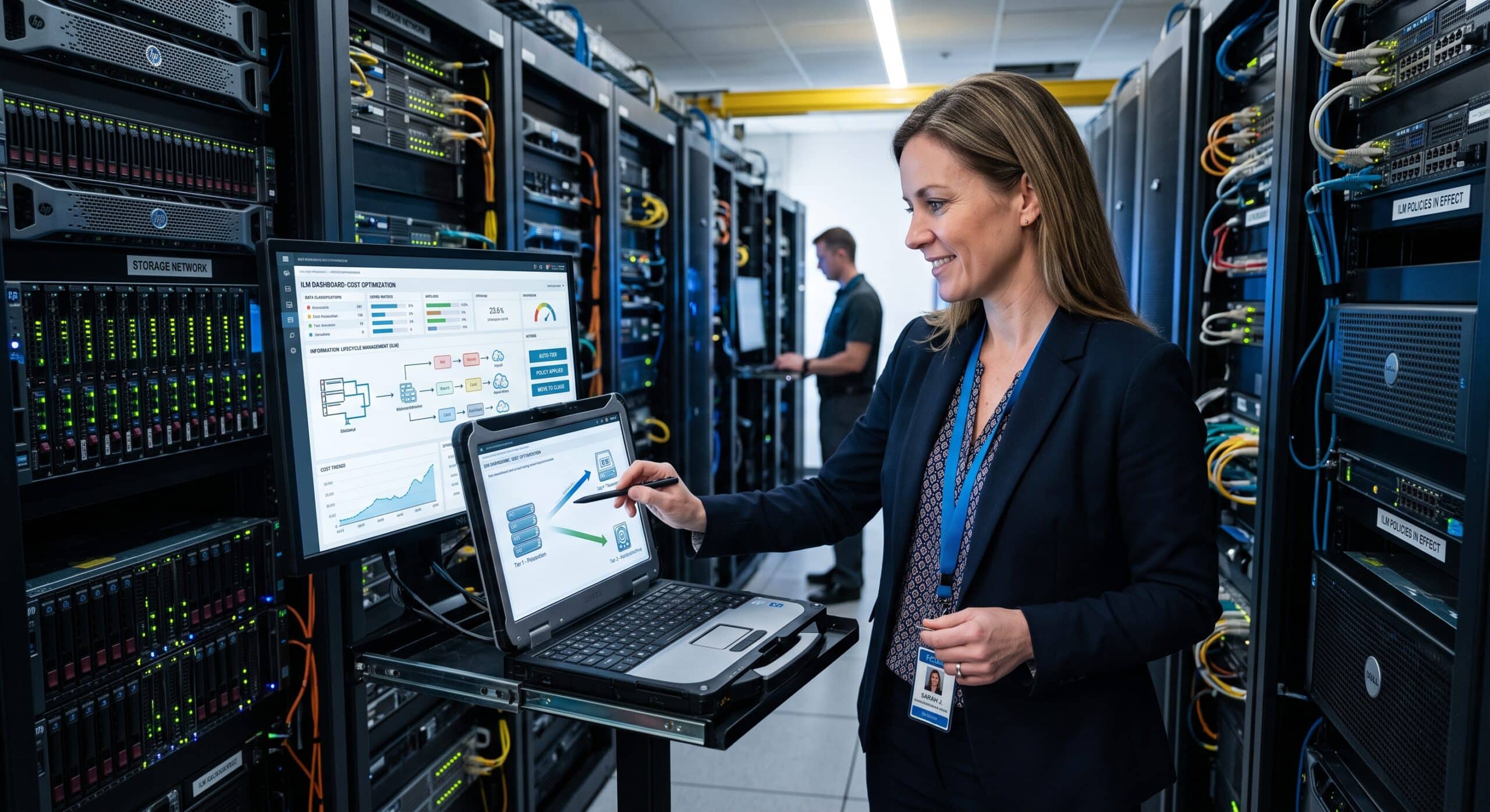 Storage architect reviewing an Information Lifecycle Management dashboard on a laptop in a data center