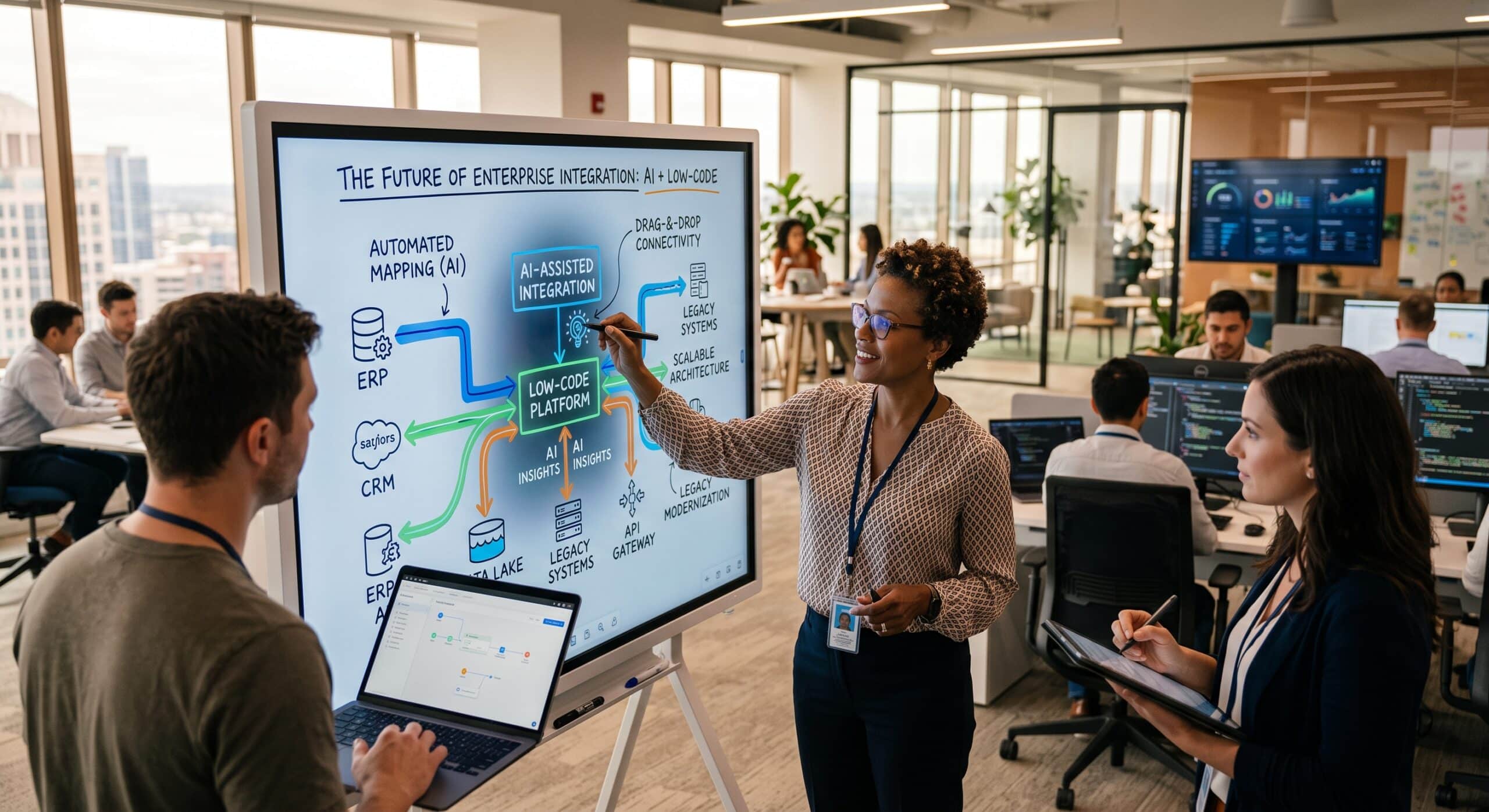 Integration architect presenting an AI-assisted low-code integration platform diagram connecting ERP, CRM, and legacy systems