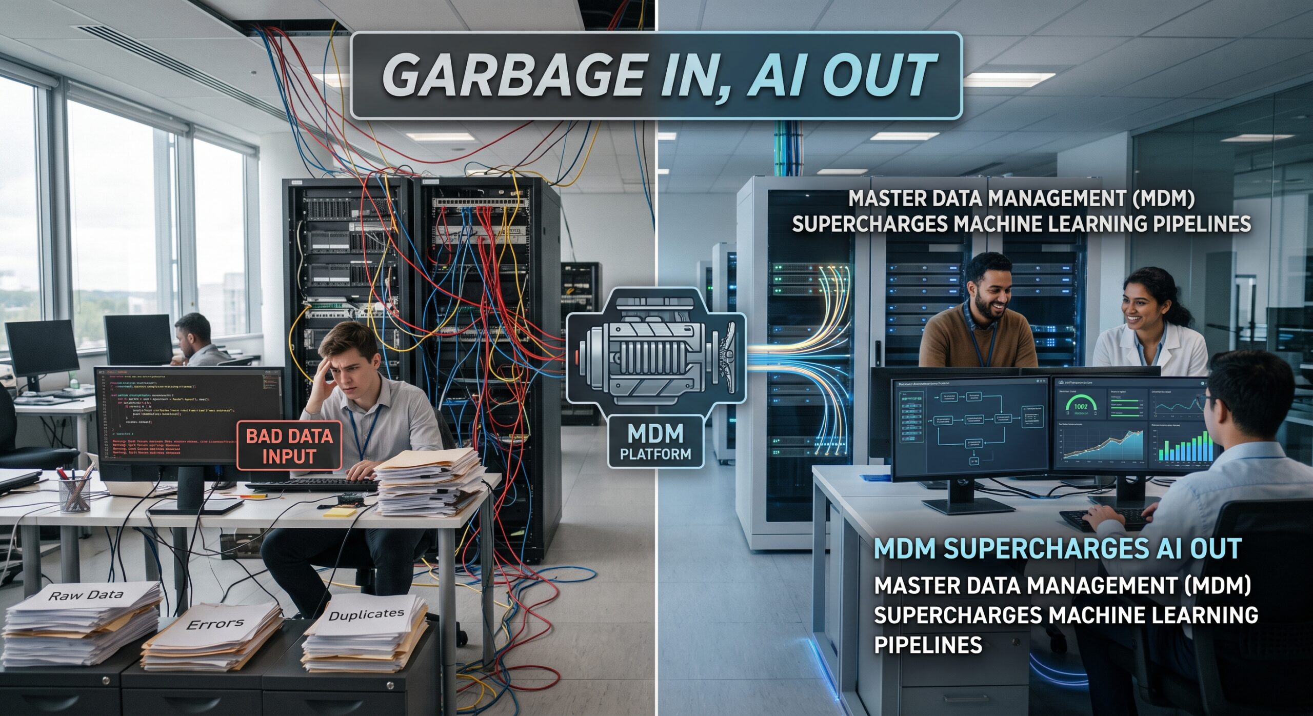A comparison showing a stressed data scientist dealing with a messy server rack and paper files labeled 'Raw Data' on the left, vs. a collaborating team in a clean, organized modern data center with neat blue glowing wires and organized server racks on the right, connected by an engine icon labeled 'MDM PLATFORM'.