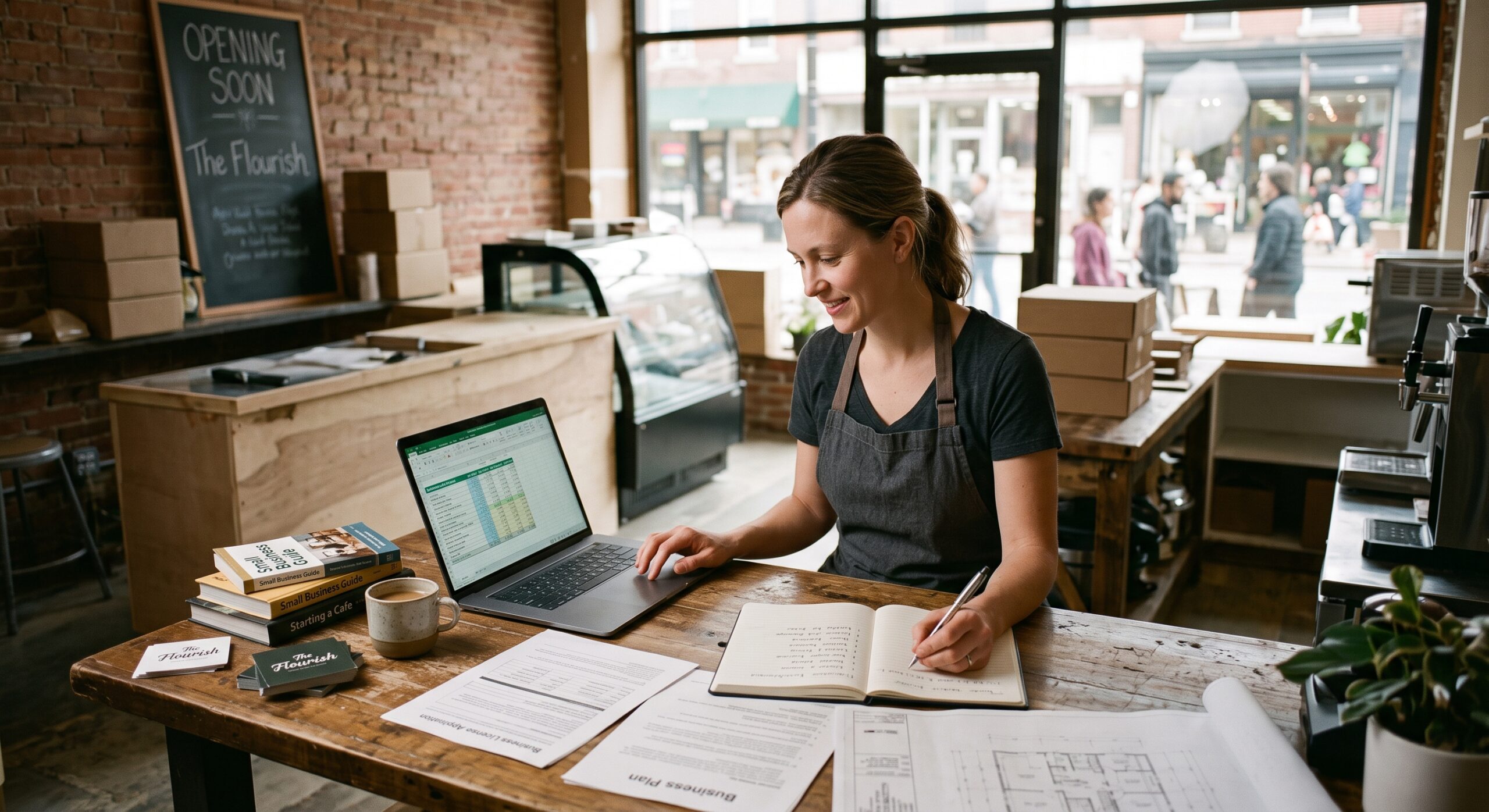 Small business owner planning a business with laptop and documents in a café