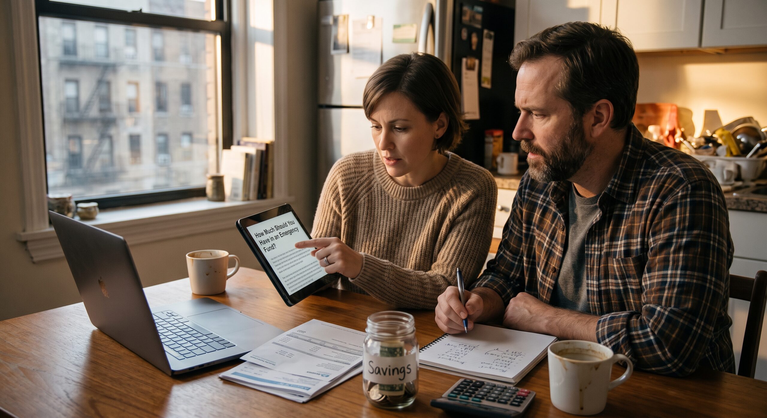 Couple planning an emergency fund with savings, calculator, financial documents, and a laptop