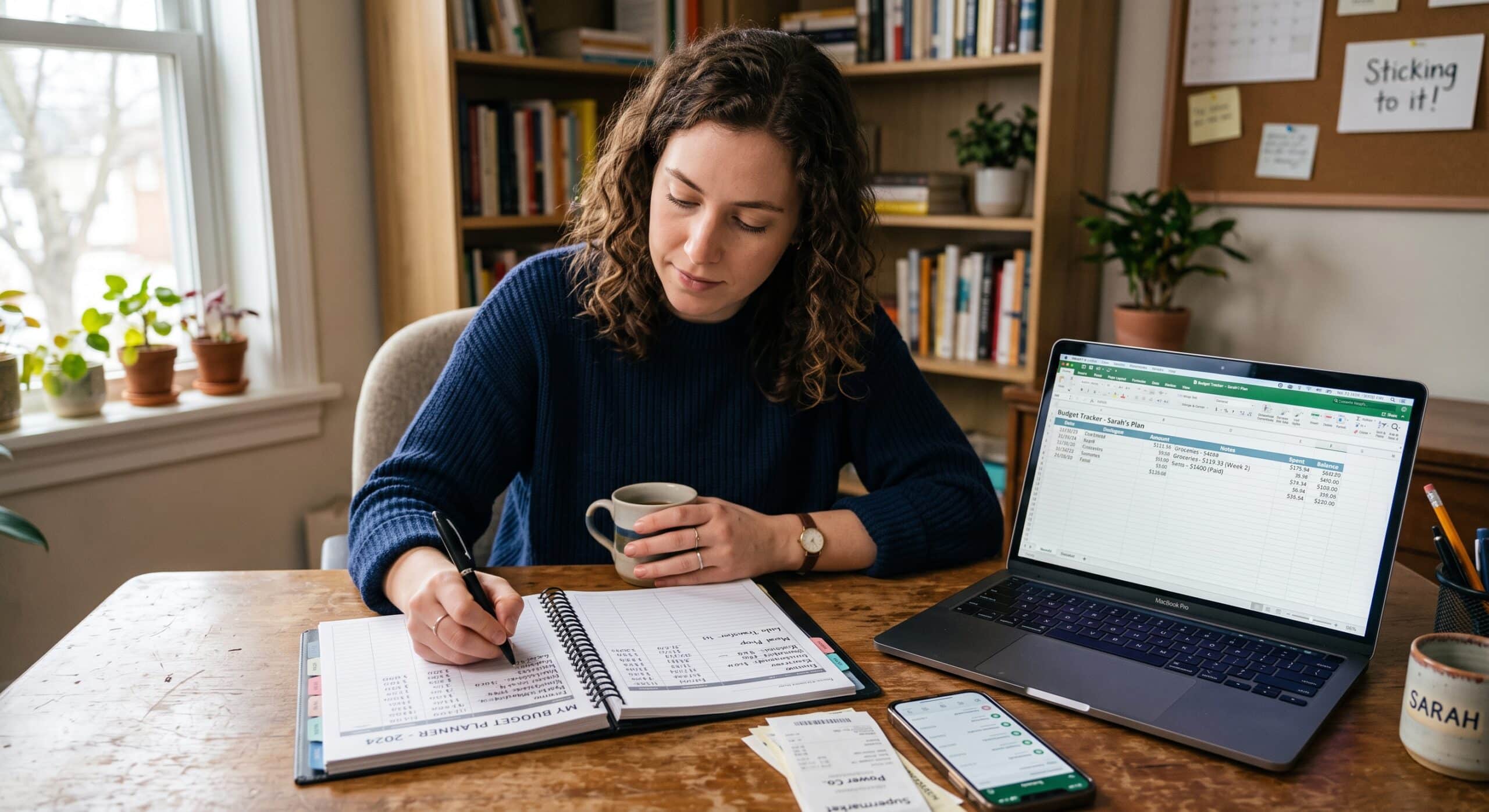 Woman creating a personal budget with a notebook, laptop spreadsheet, receipts, and smartphone