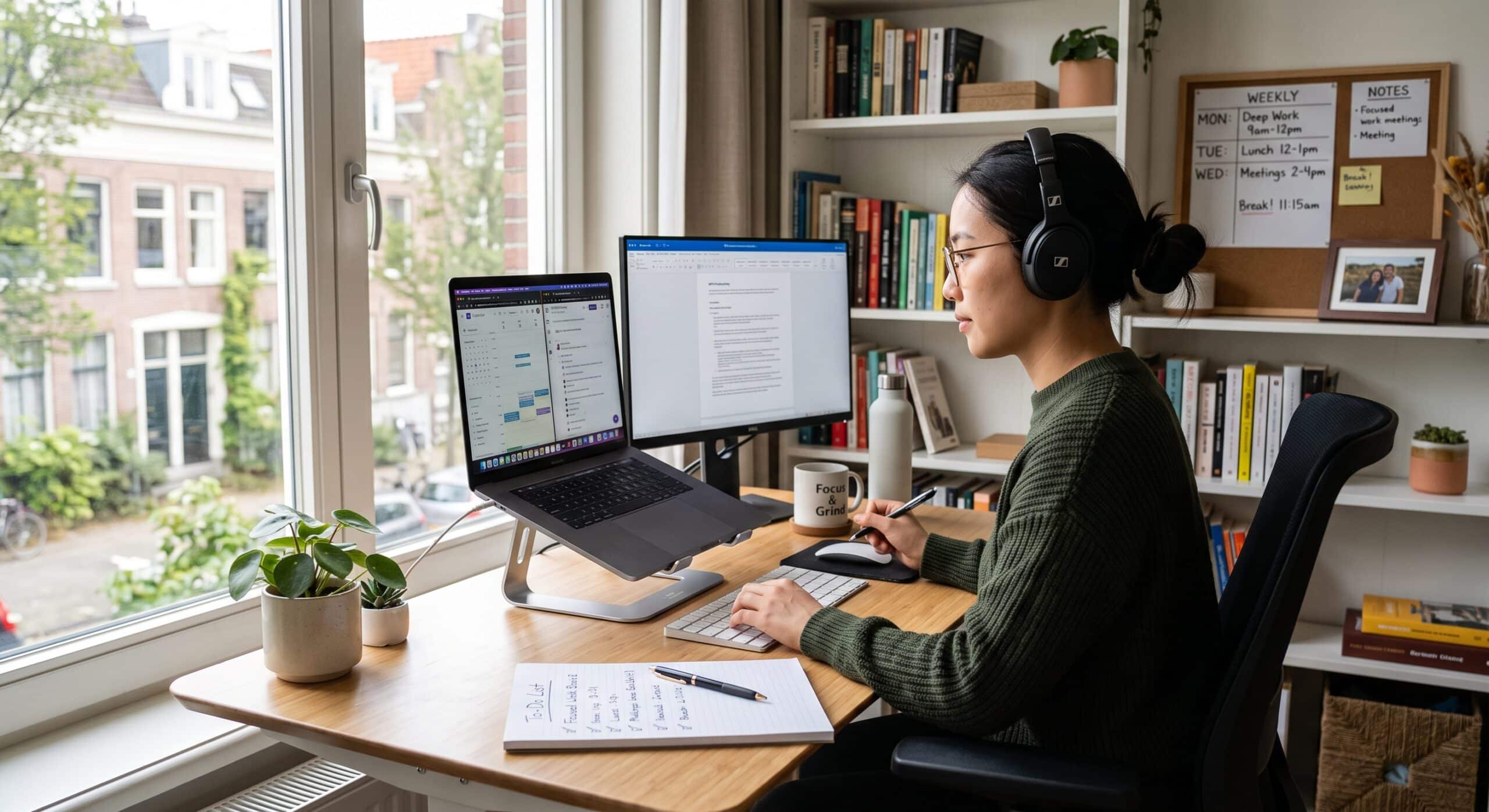 Woman working from home with dual monitors, laptop, calendar, and headphones