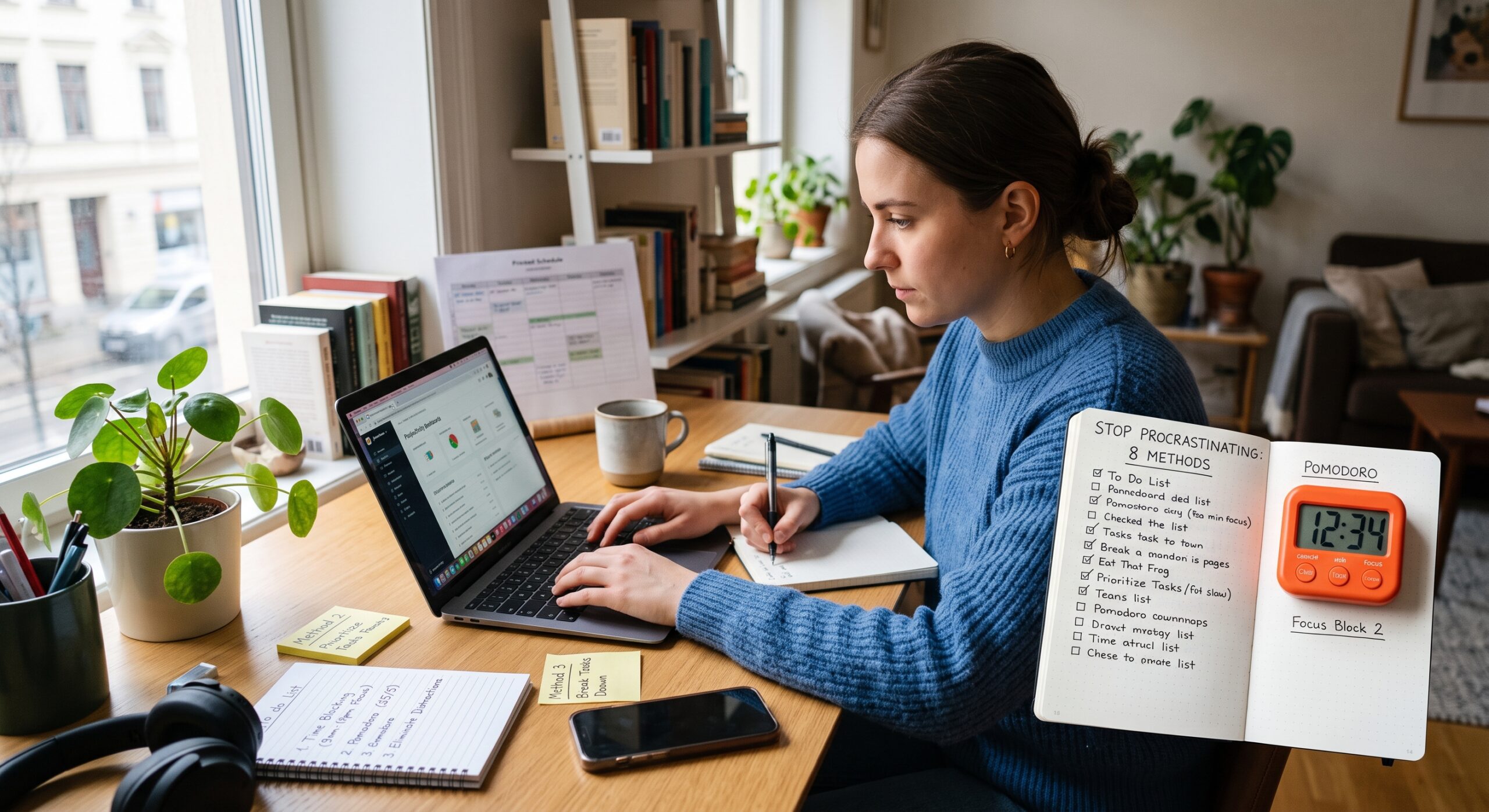 Woman working on a laptop with a planner and Pomodoro timer to stop procrastinating