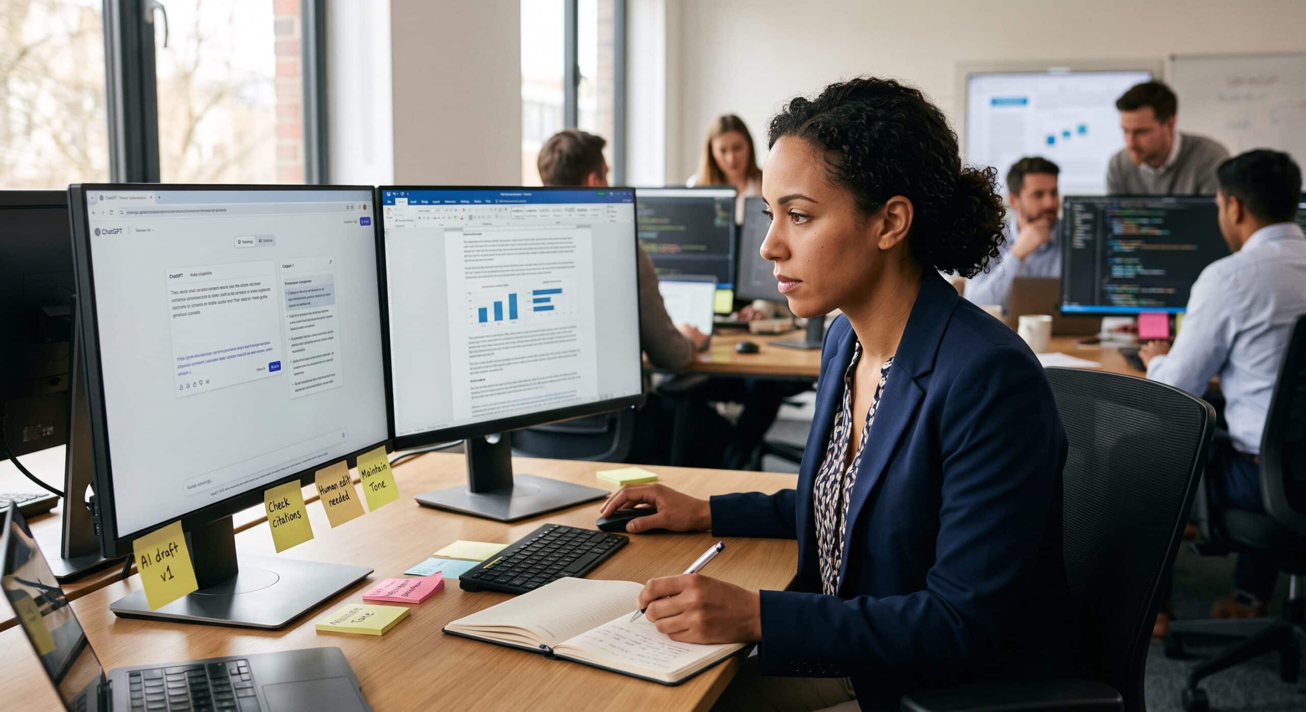 Woman using AI tools at work with dual monitors, laptop, and business documents