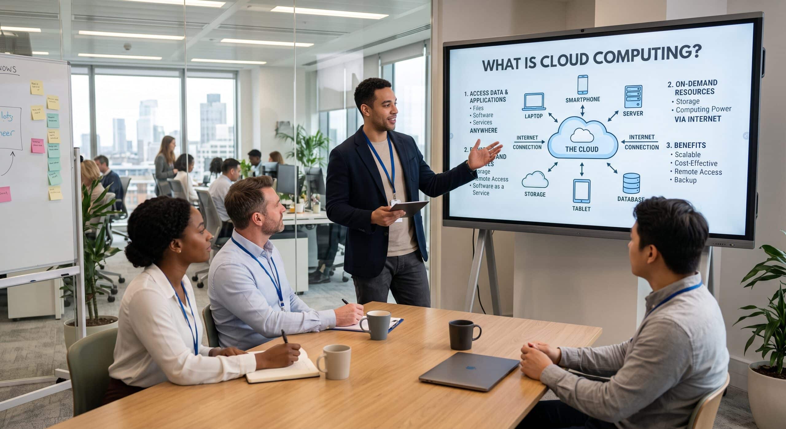 Team meeting with presenter explaining cloud computing on a digital presentation screen