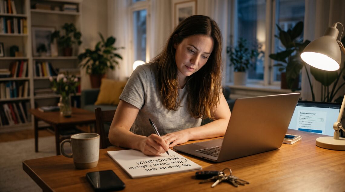Woman creating a strong password while using a laptop at home.