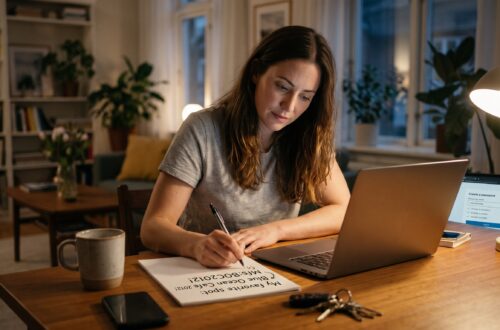 Woman creating a strong password while using a laptop at home.
