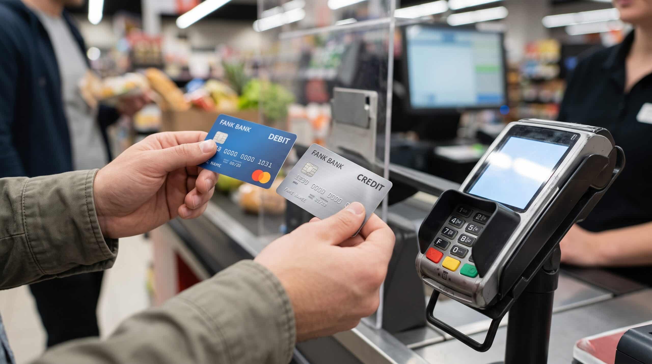 Debit vs credit card comparison showing two bank cards at a supermarket checkout payment terminal.