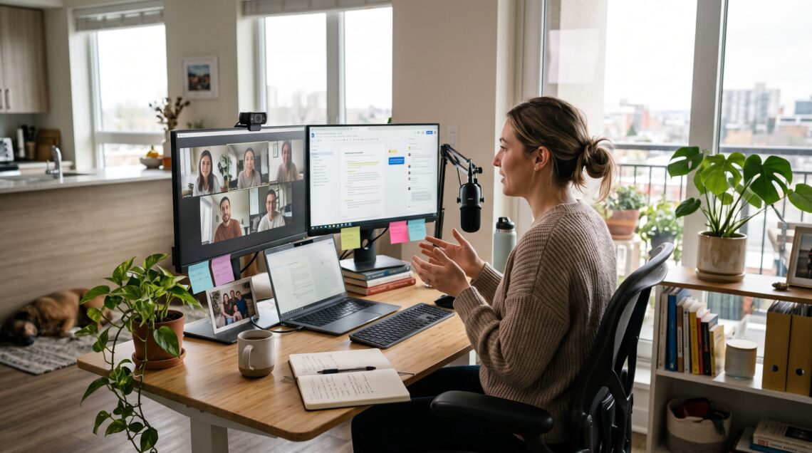 Future of remote work showing a professional working from home during a virtual team meeting.